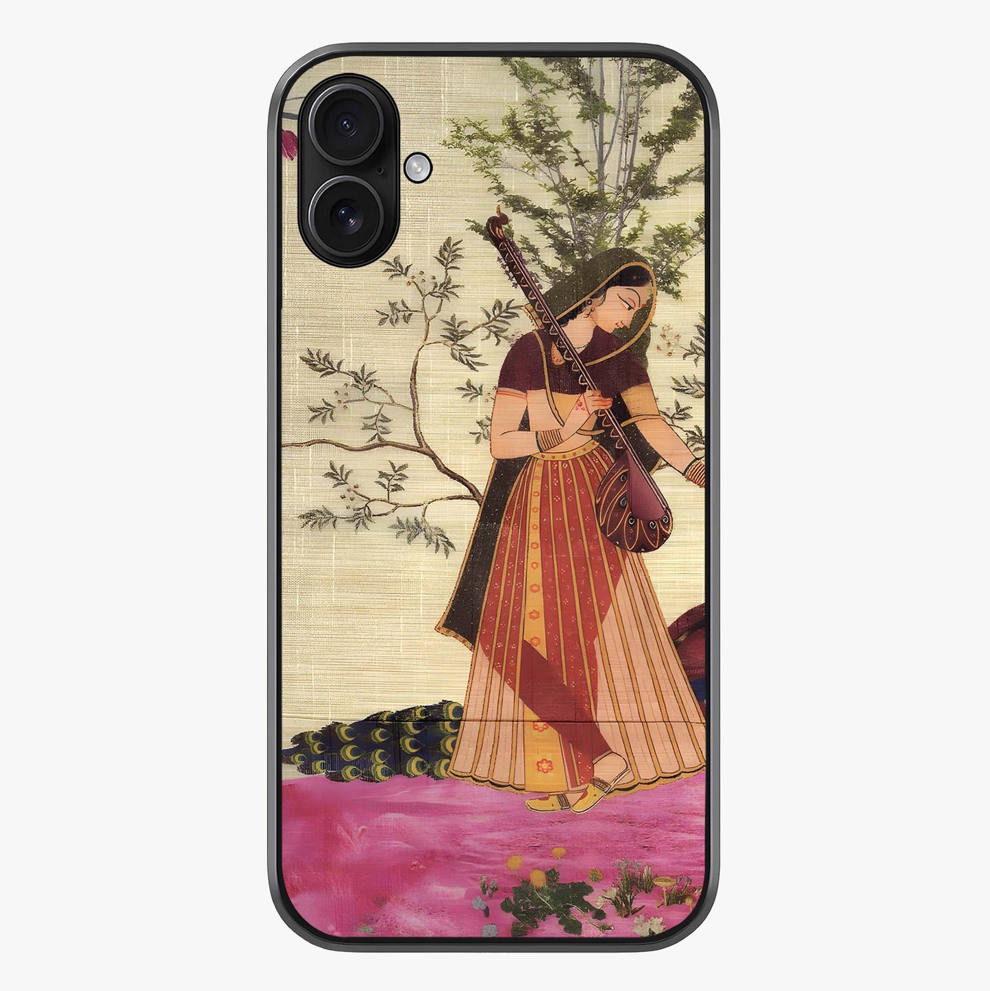 Lady With Veena Art Glass Case showing full back design in clean flat view with glossy glass finish.