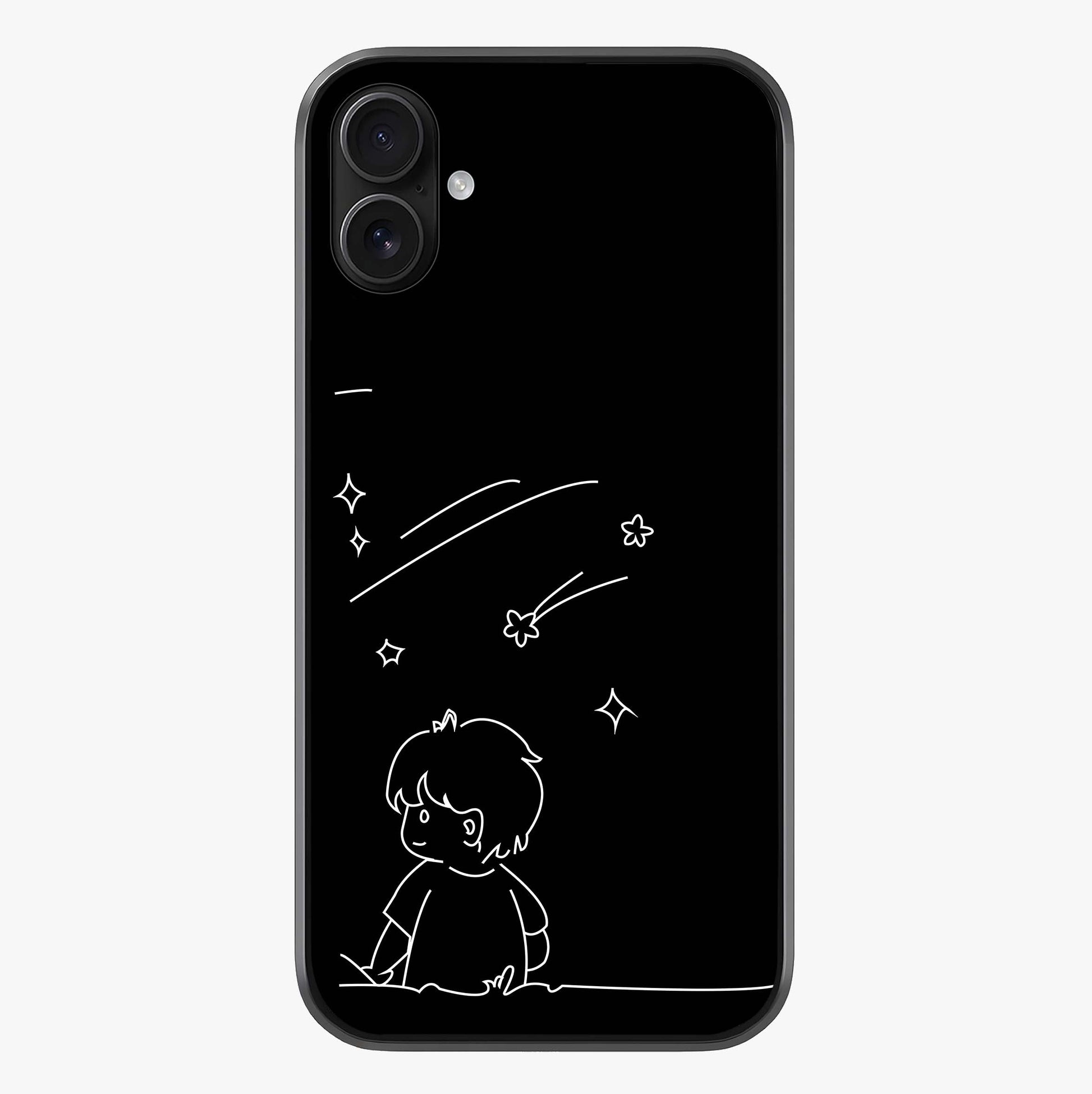 Line Art Boy With Shooting Stars Glass Case showing full back design in clean flat view with glossy glass finish.