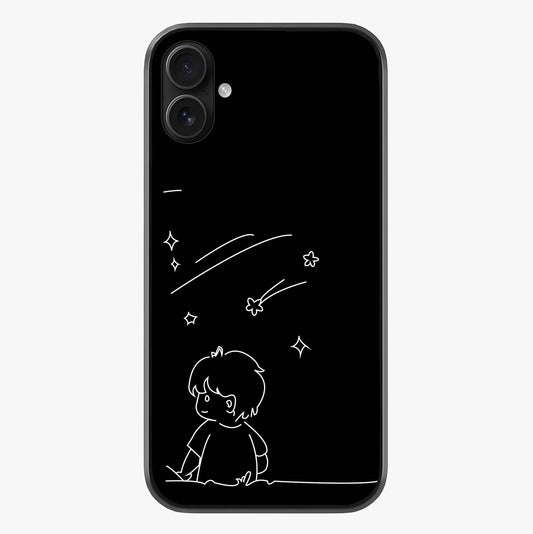 Line Art Boy With Shooting Stars Glass Case showing full back design in clean flat view with glossy glass finish.