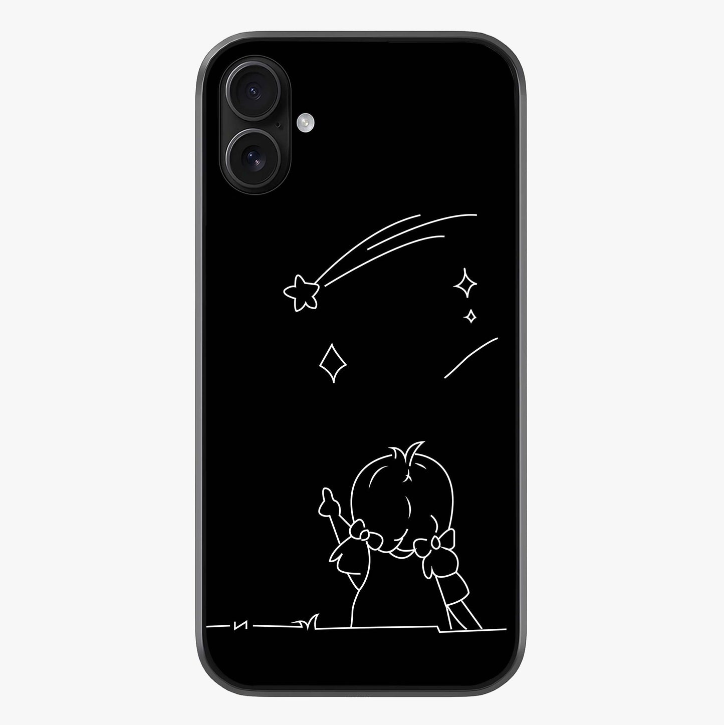 Line Art Girl With Shooting Stars Glass Case showing full back design in clean flat view with glossy glass finish.