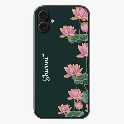 Lotus Bloom Serenity Custom Name Glass Case showing full back design in clean flat view with glossy glass finish.