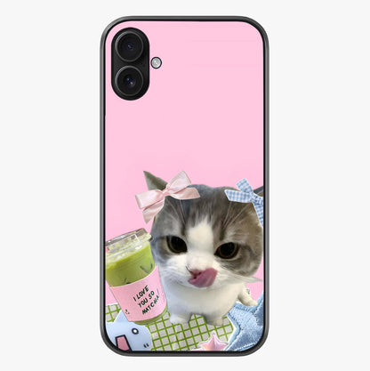 Love Matcha Cat Glass Case showing full back design in clean flat view with glossy glass finish.