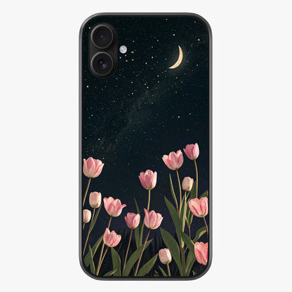 Midnight Tulip Whispers Vibe Glass Case showing full back design in clean flat view with glossy glass finish.