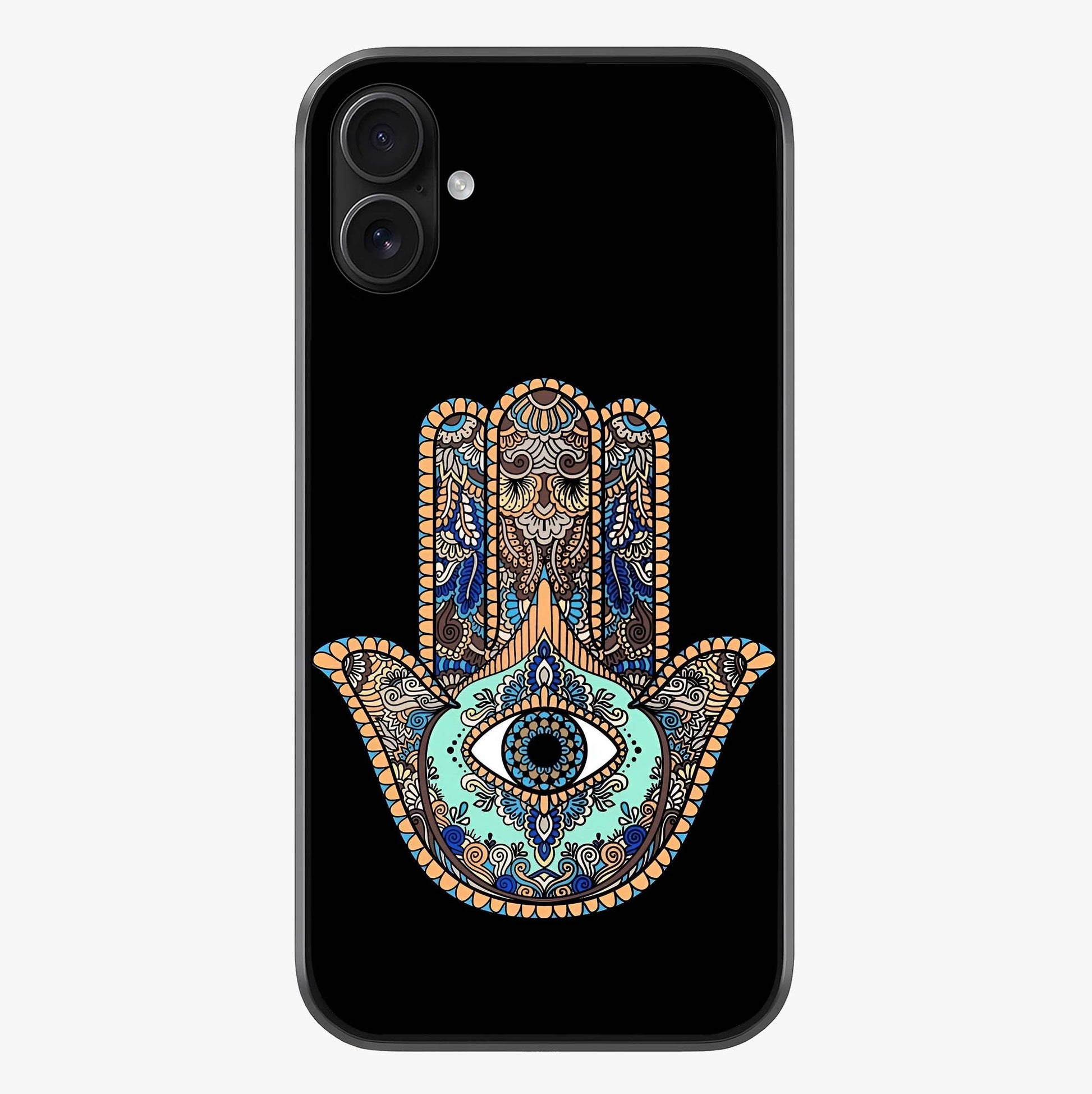 Mystic Hamsa Eye Glass Case showing full back design in clean flat view with glossy glass finish.
