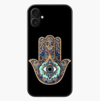 Mystic Hamsa Eye Glass Case showing full back design in clean flat view with glossy glass finish.
