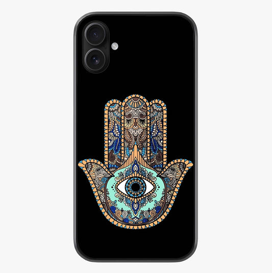 Mystic Hamsa Eye Glass Case showing full back design in clean flat view with glossy glass finish.