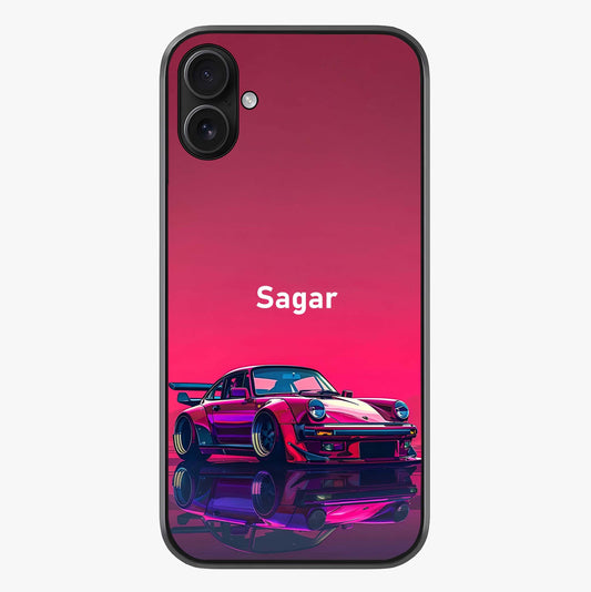 Neon Pink Porsche Glass Case showing full back design in clean flat view with glossy glass finish.