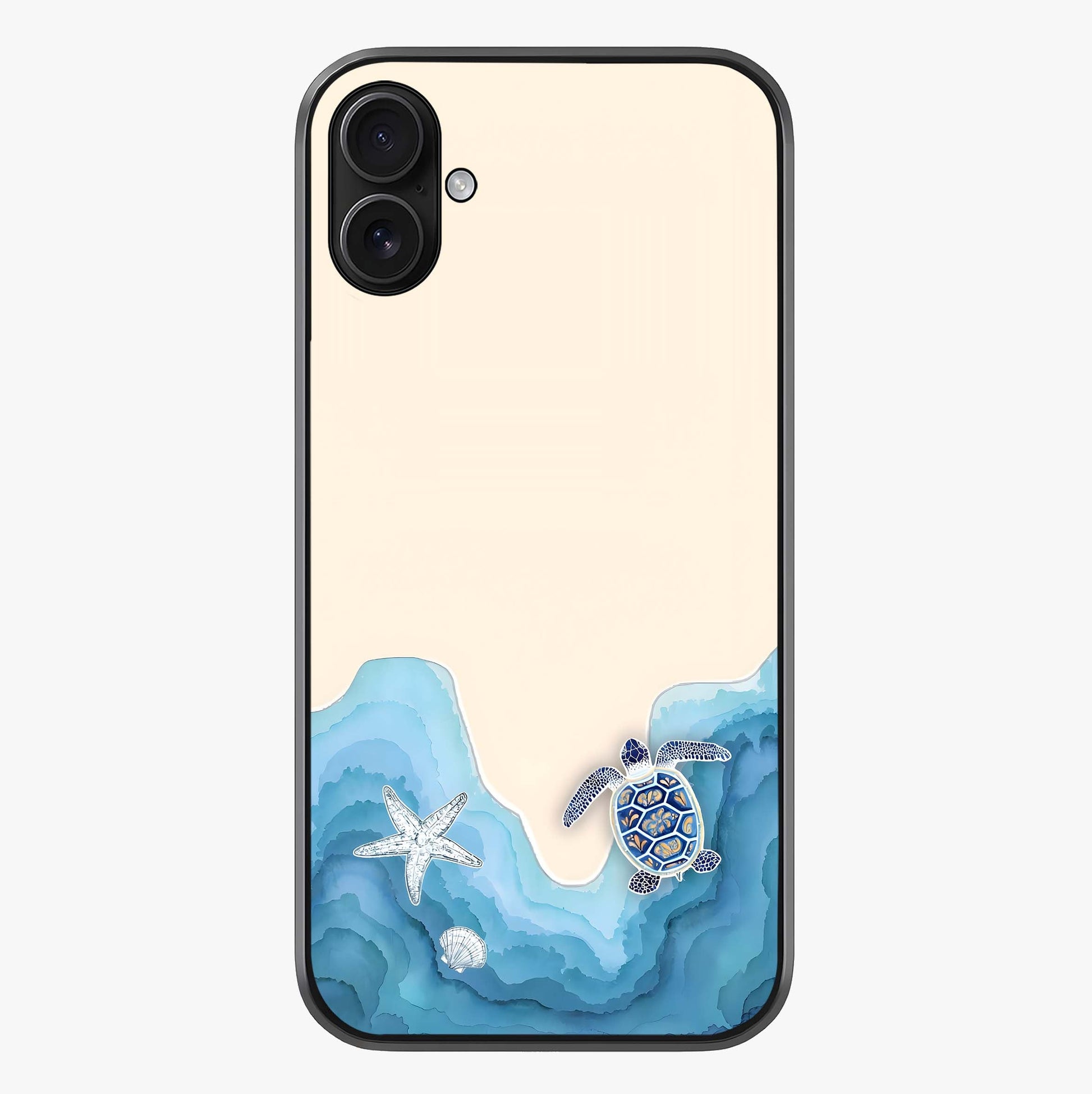 Ocean Drift Turtle Glass Case showing full back design in clean flat view with glossy glass finish.