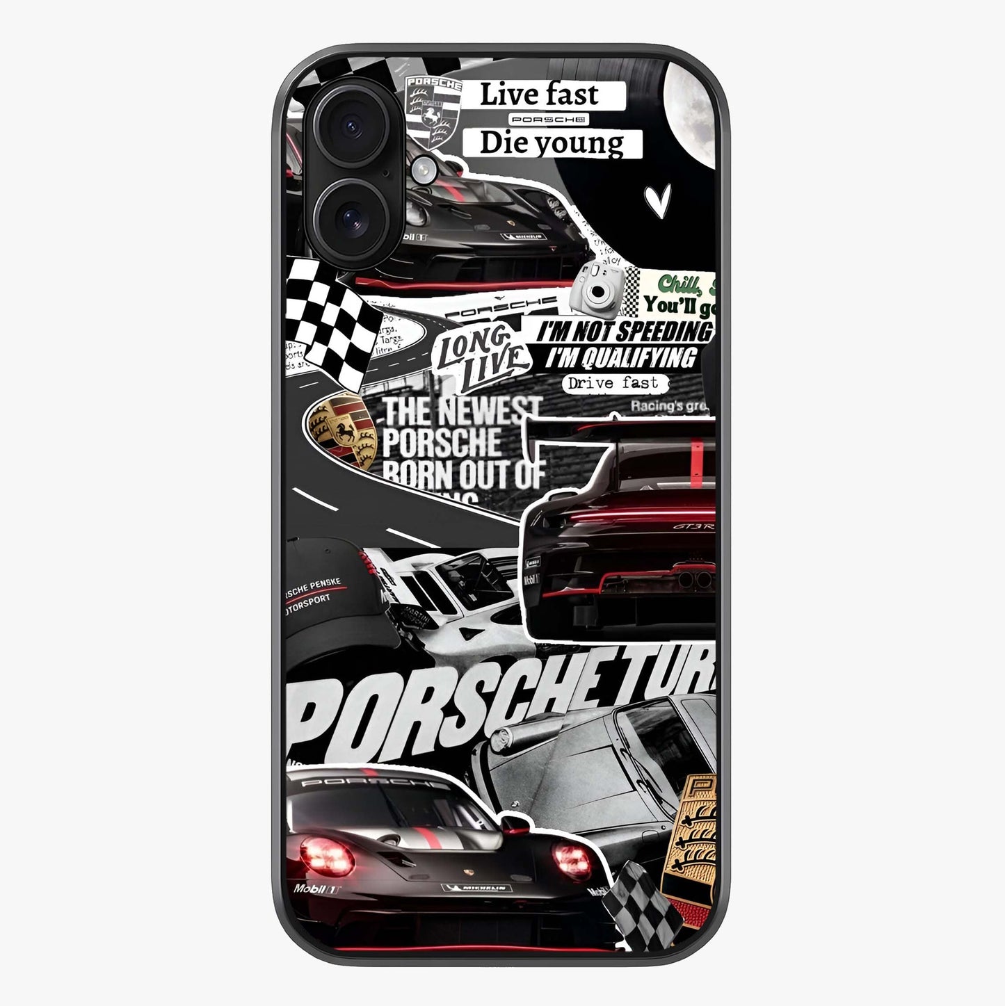 Porsche Racing Collage Glass Case showing full back design in clean flat view with glossy glass finish.