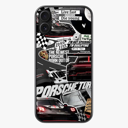 Porsche Racing Collage Glass Case showing full back design in clean flat view with glossy glass finish.