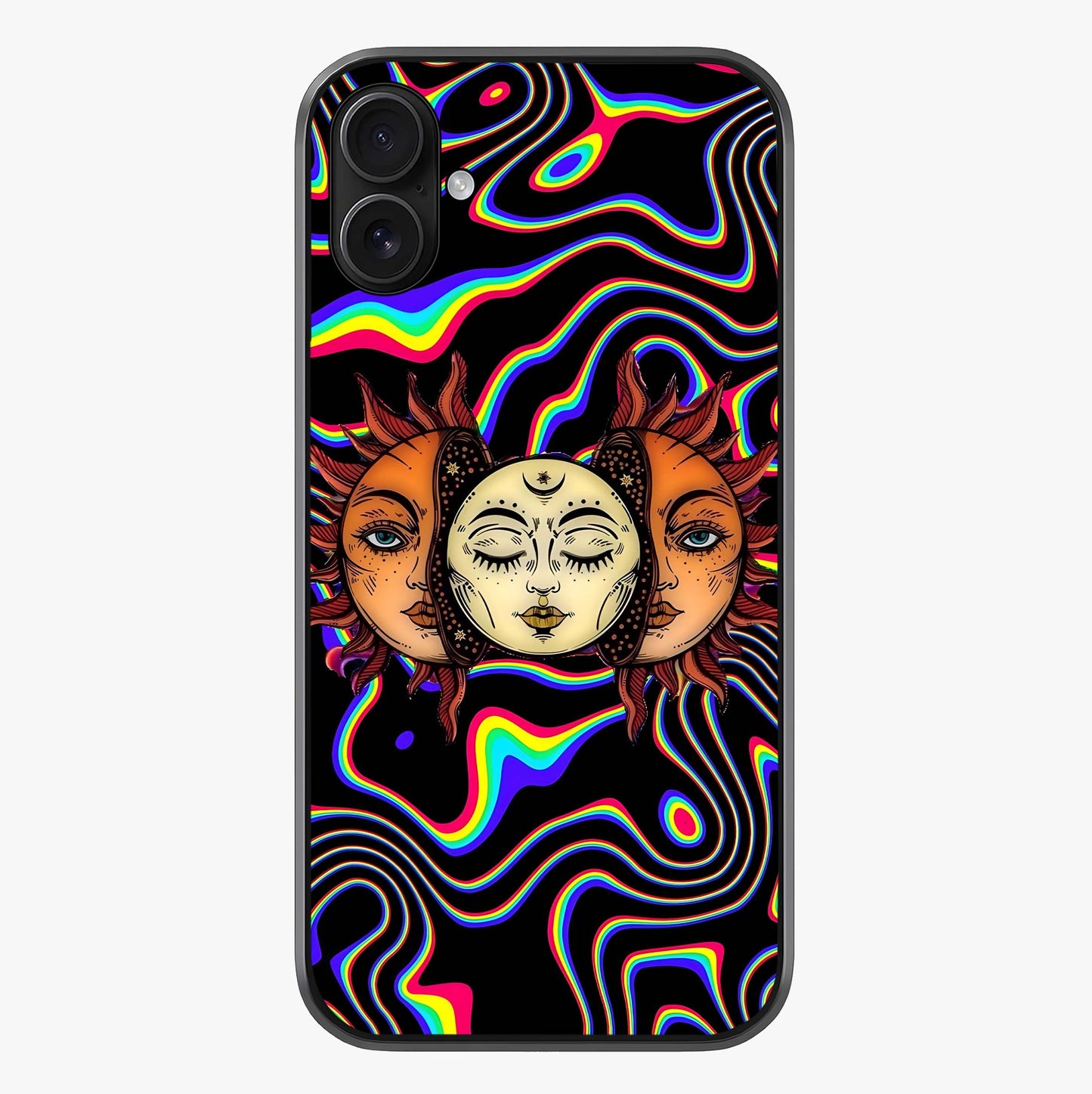 Psychedelic Sun Glass Case showing full back design in clean flat view with glossy glass finish.