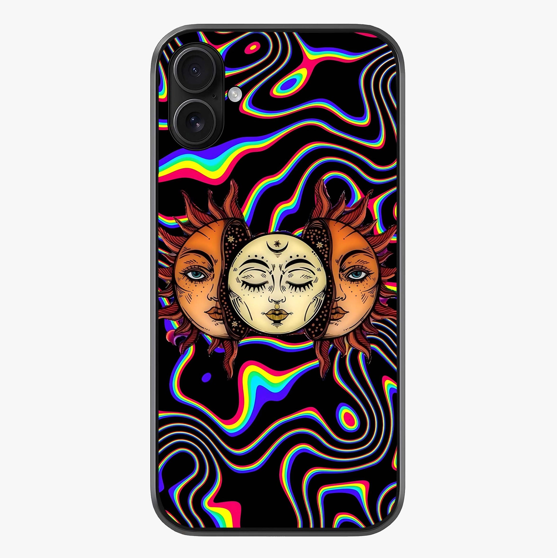 Psychedelic Sun Glass Case showing full back design in clean flat view with glossy glass finish.