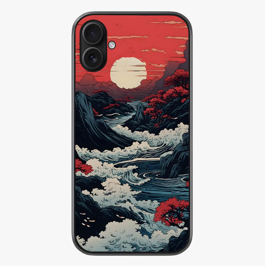 Red Sunset Scenery Glass Case showing full back design in clean flat view with glossy glass finish.