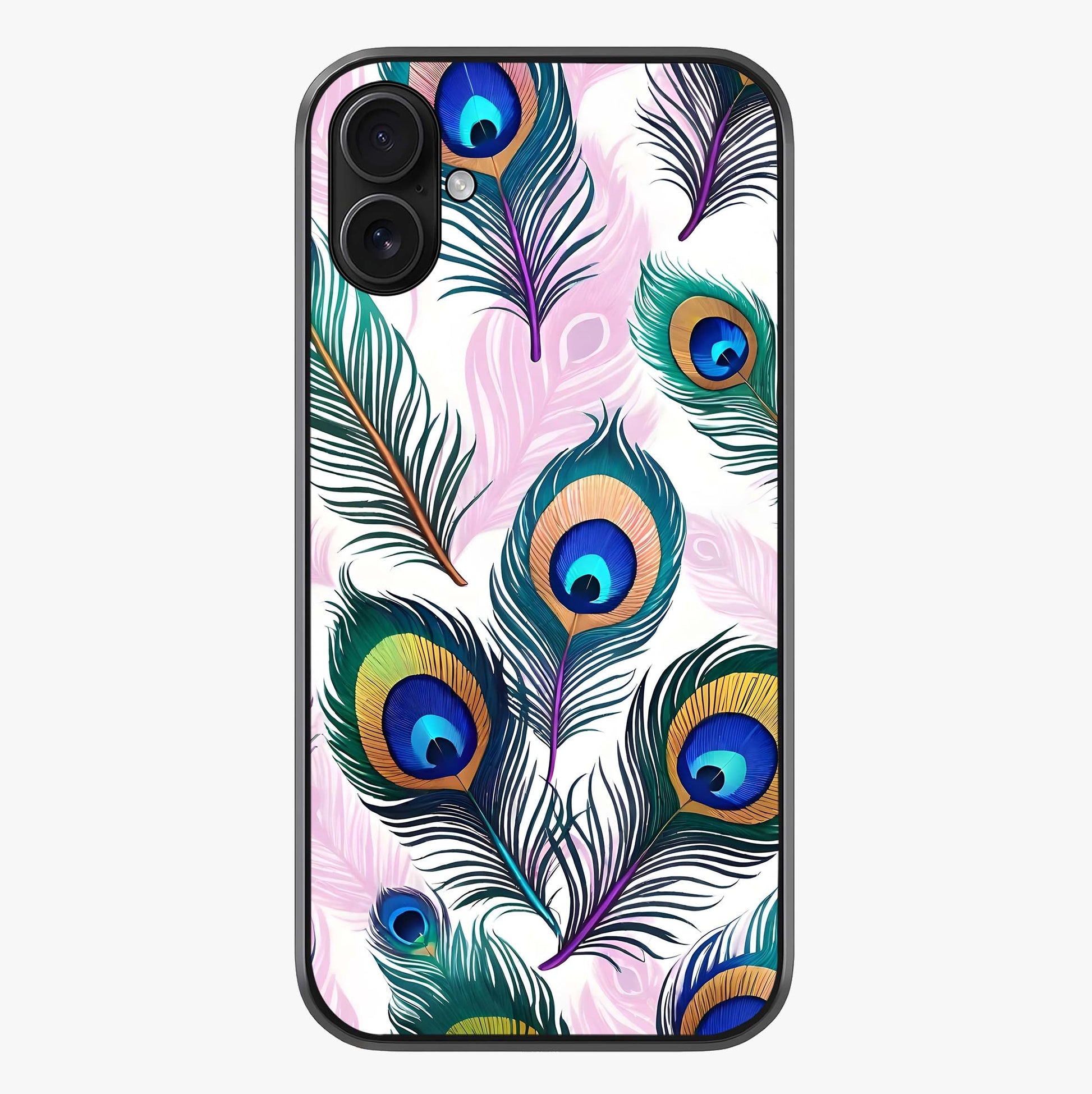 Royal Peacock Feathers Glass Case showing full back design in clean flat view with glossy glass finish.