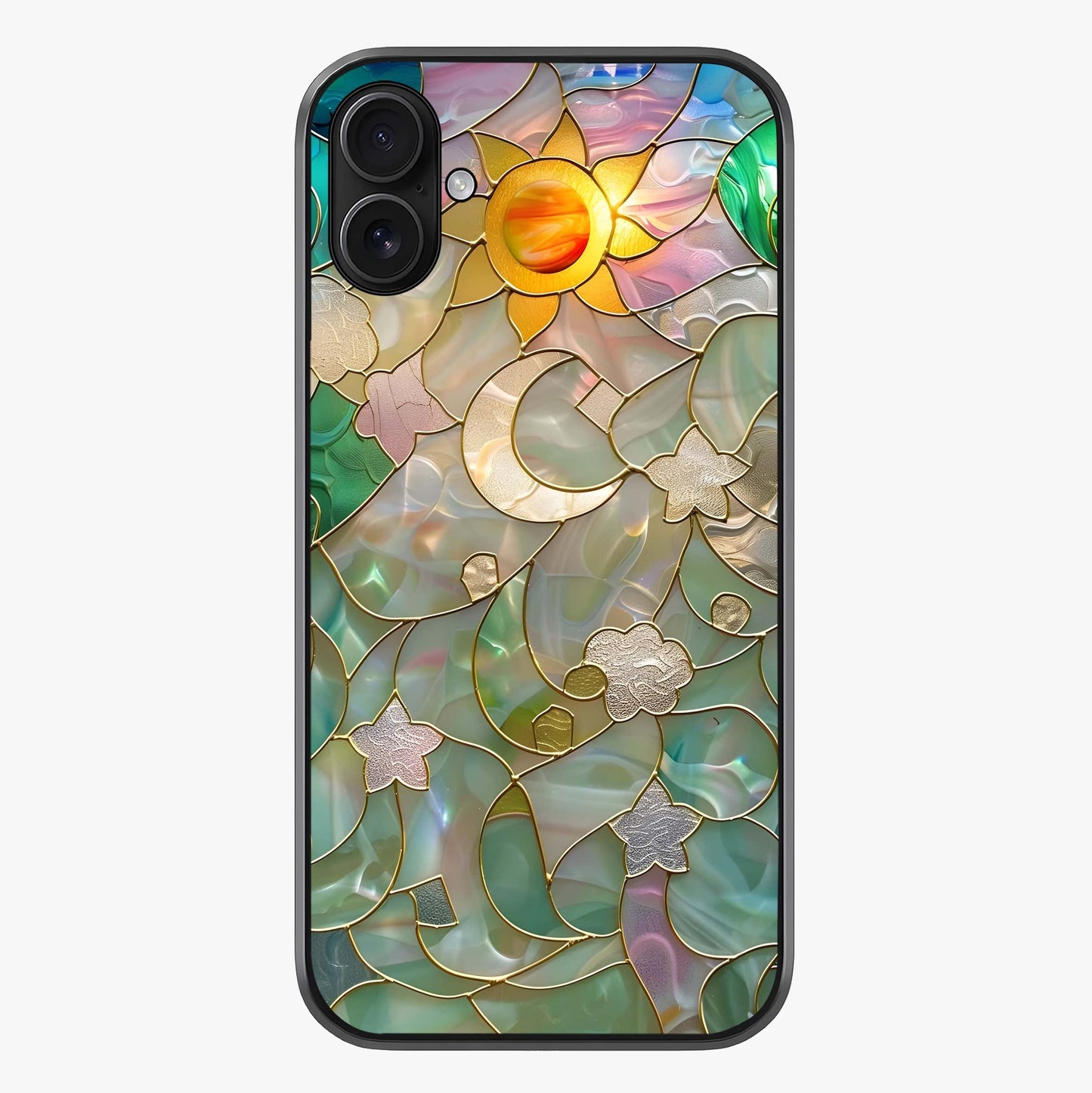 Stained Sunrise Glow Glass Case showing full back design in clean flat view with glossy glass finish.