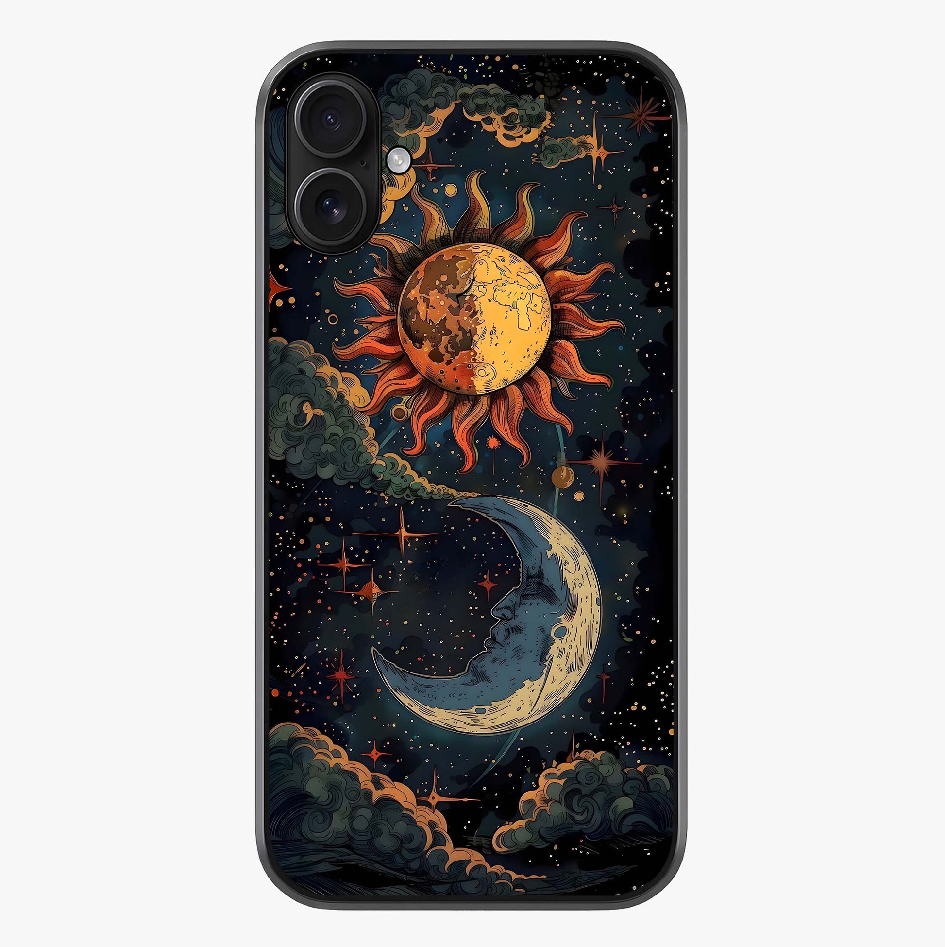 Sun And Moon Magic Design Glass Case showing full back design in clean flat view with glossy glass finish.