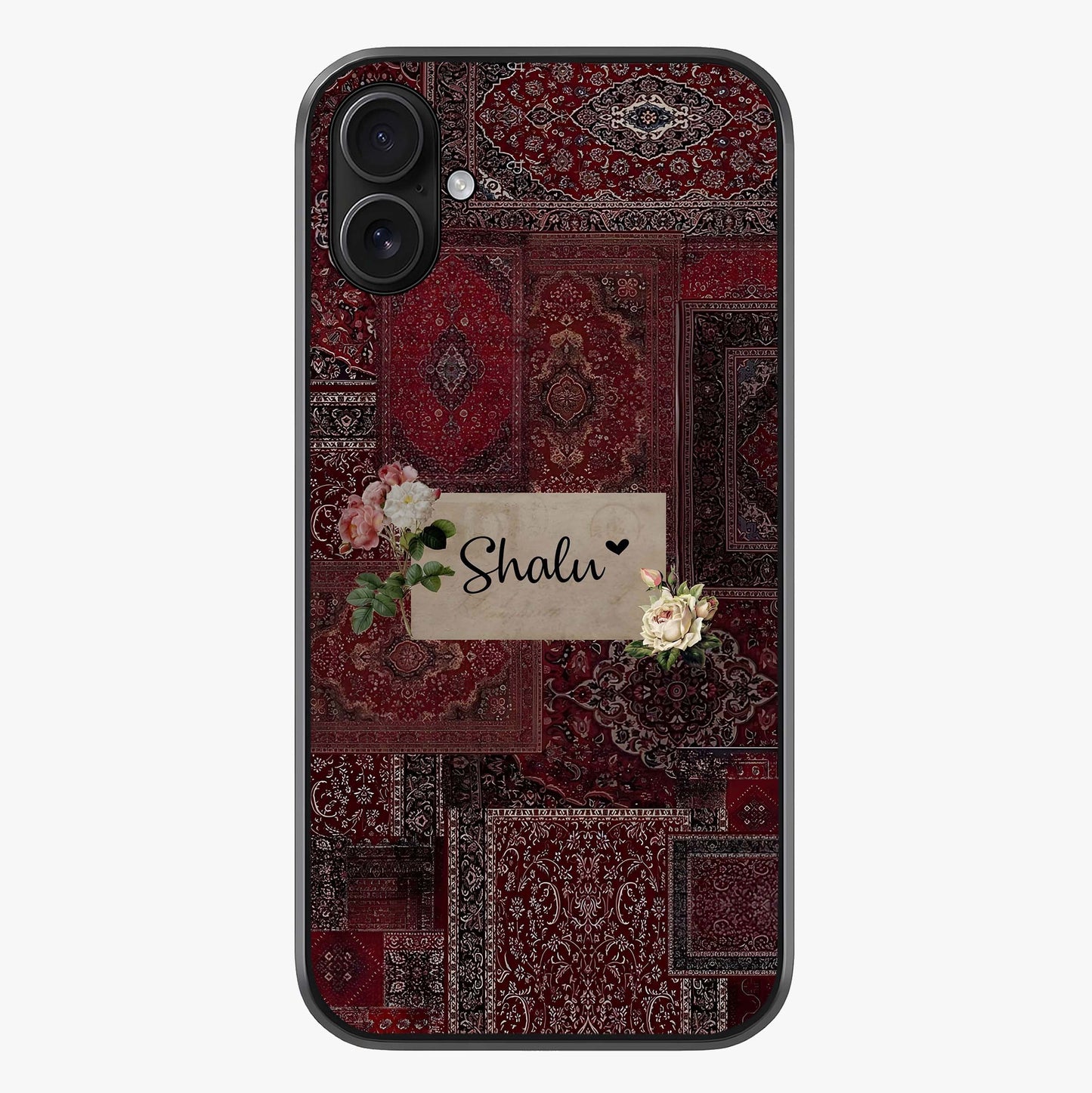 Velvet Wine Pattern Custom Name Glass Case showing full back design in clean flat view with glossy glass finish.