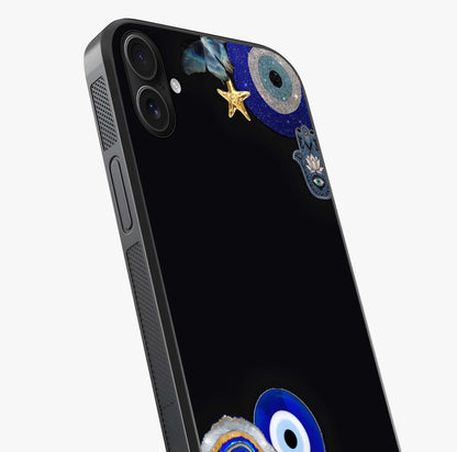 Aesthetic Blue Evil Eye Glass Case captured at a warm angle highlighting gloss, texture and premium glass finish.