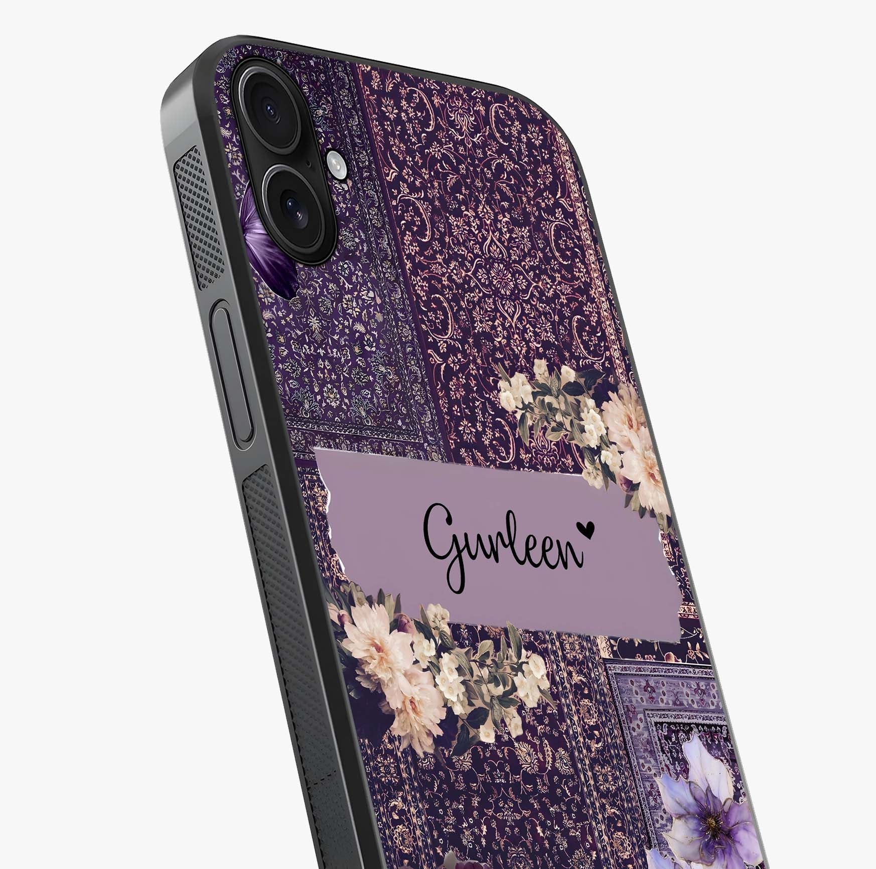 Antique Floral Whisper Custom Name Glass Case captured at a warm angle highlighting gloss, texture and premium glass finish.