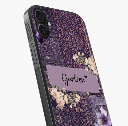 Antique Floral Whisper Custom Name Glass Case captured at a warm angle highlighting gloss, texture and premium glass finish.