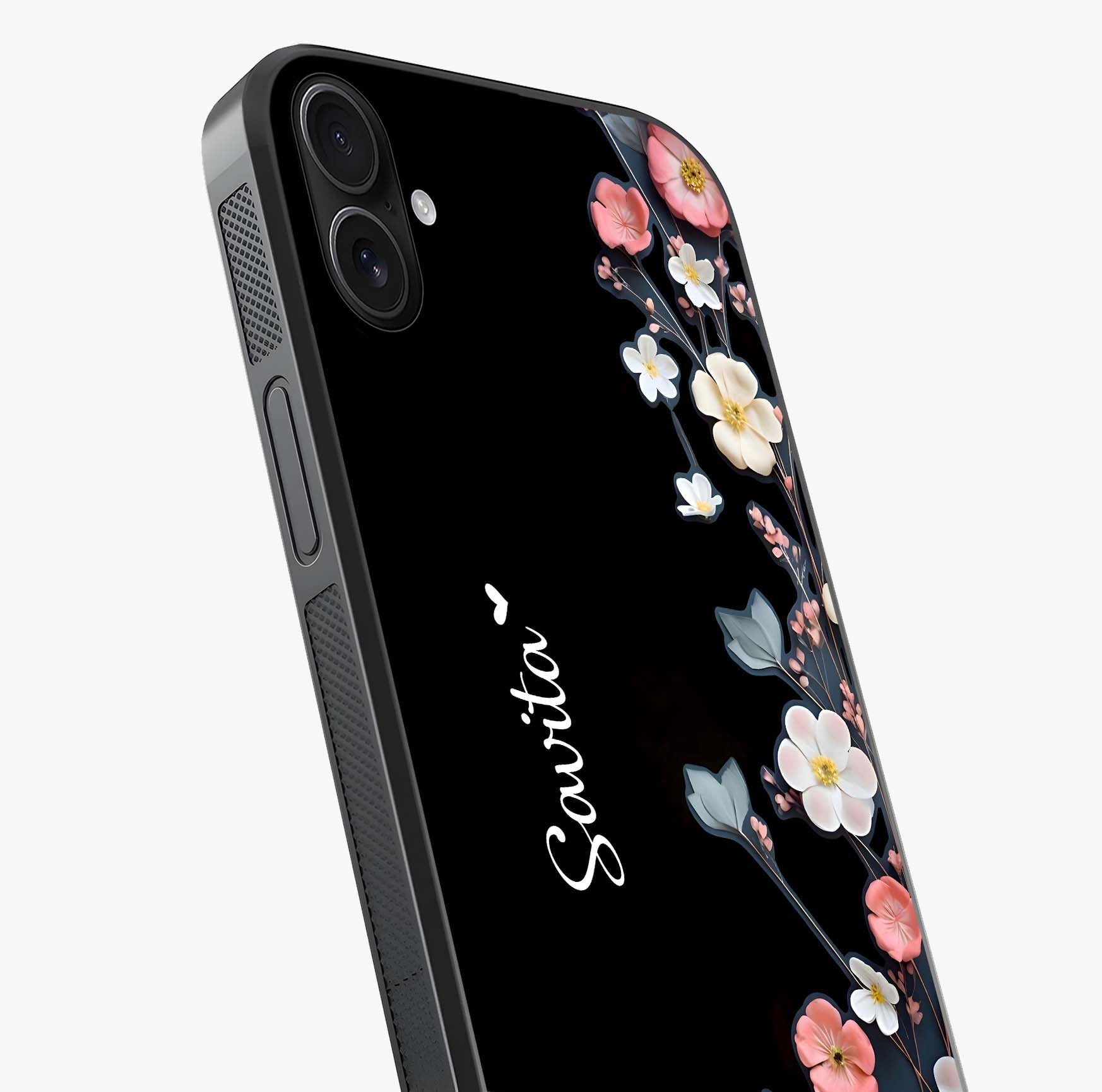 Black Elegance Floral Custom Name Glass Case captured at a warm angle highlighting gloss, texture and premium glass finish.