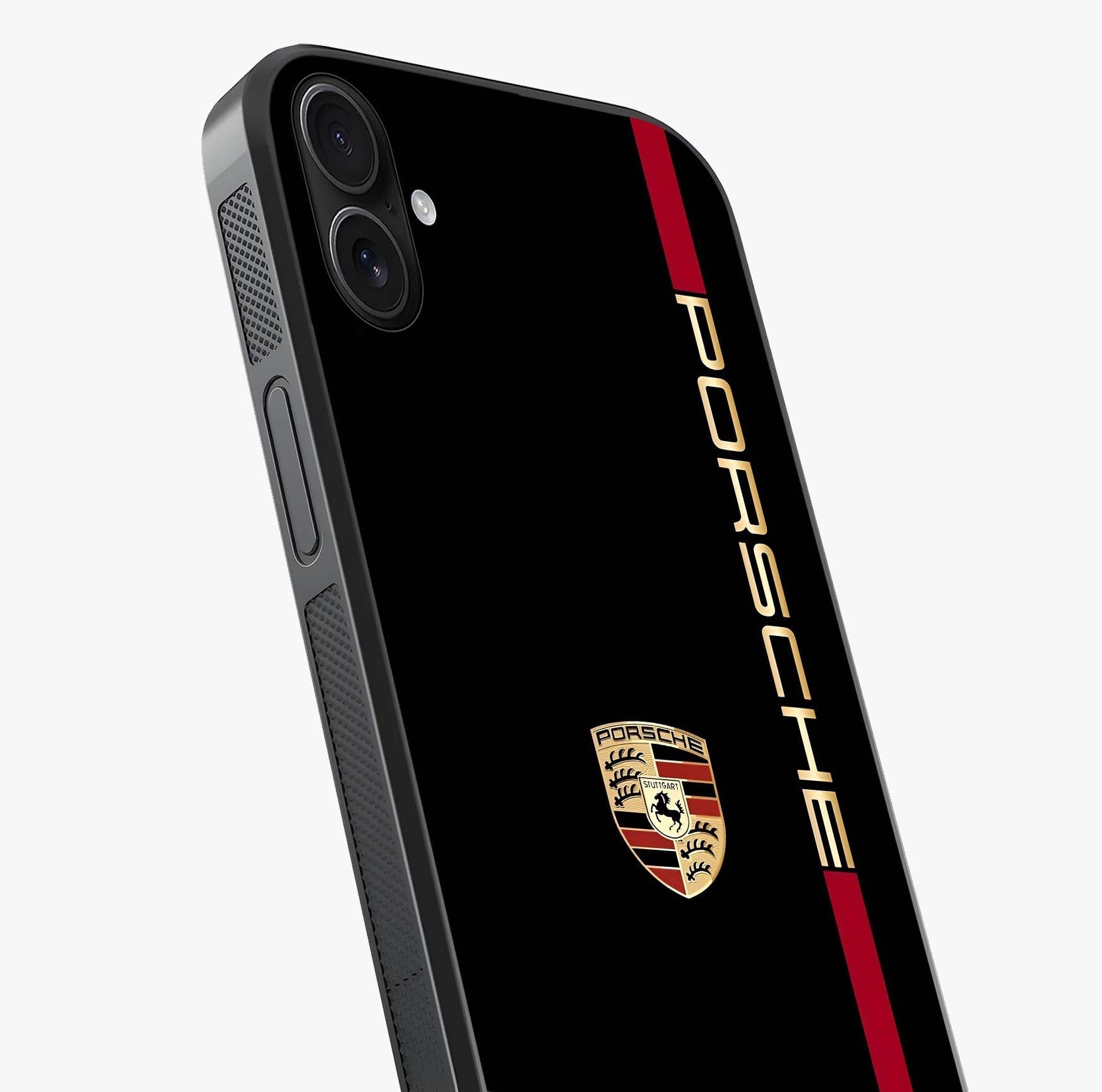 Black Minimal Porsche Glass Case captured at a warm angle highlighting gloss, texture and premium glass finish.
