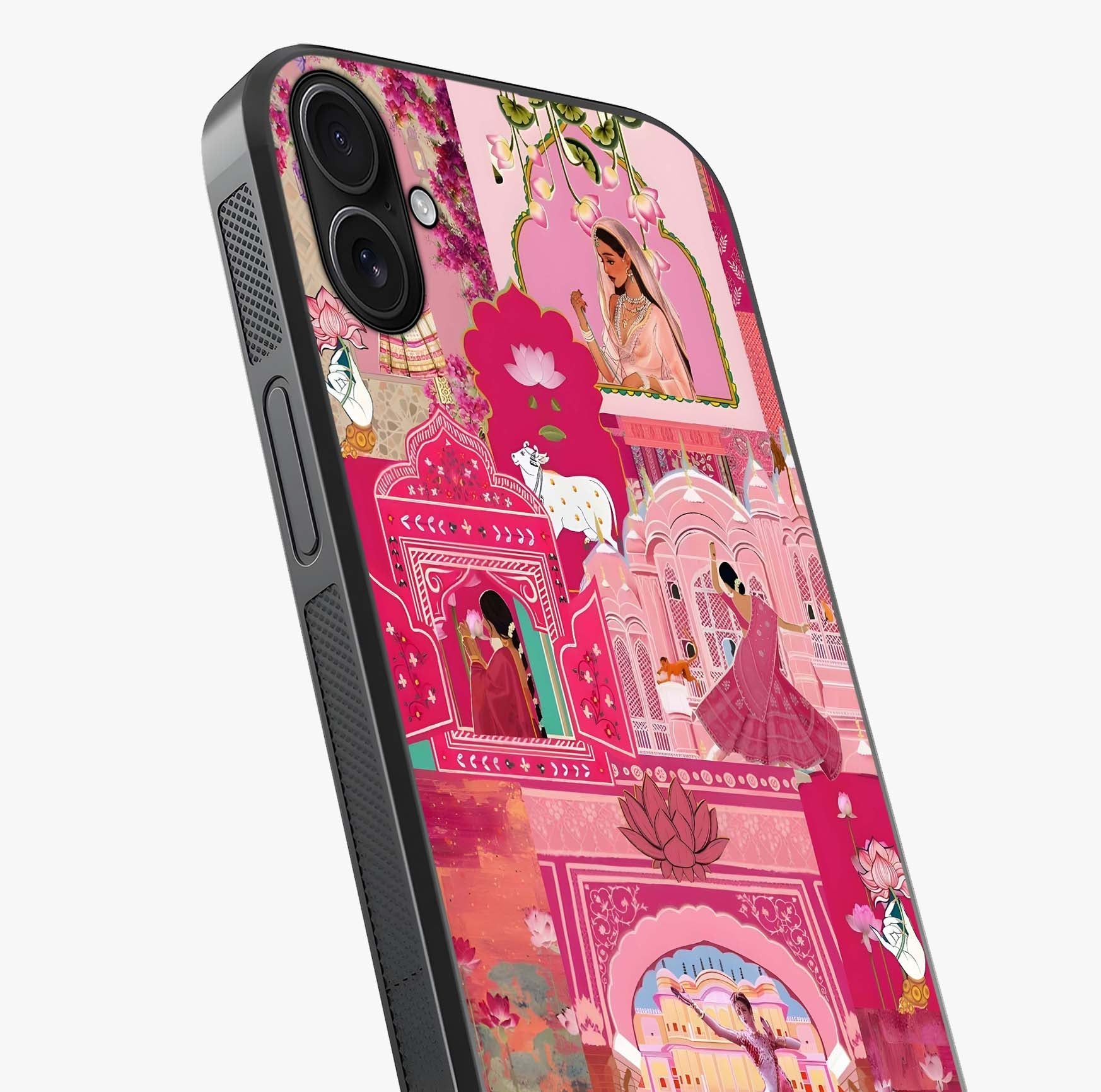 Blossoms Of Rajasthan Glass Case captured at a warm angle highlighting gloss, texture and premium glass finish.