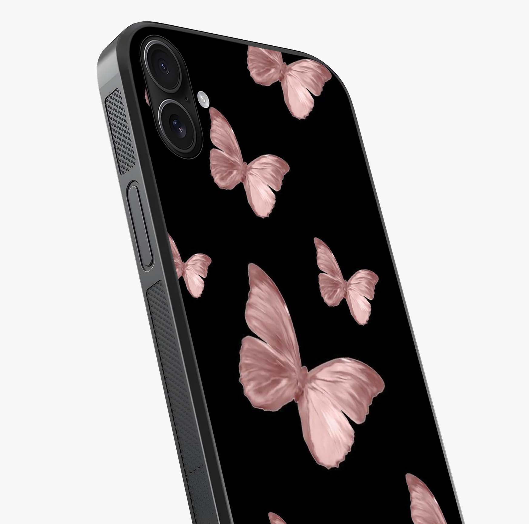 Butterfly Pattern Glass Case captured at a warm angle highlighting gloss, texture and premium glass finish.
