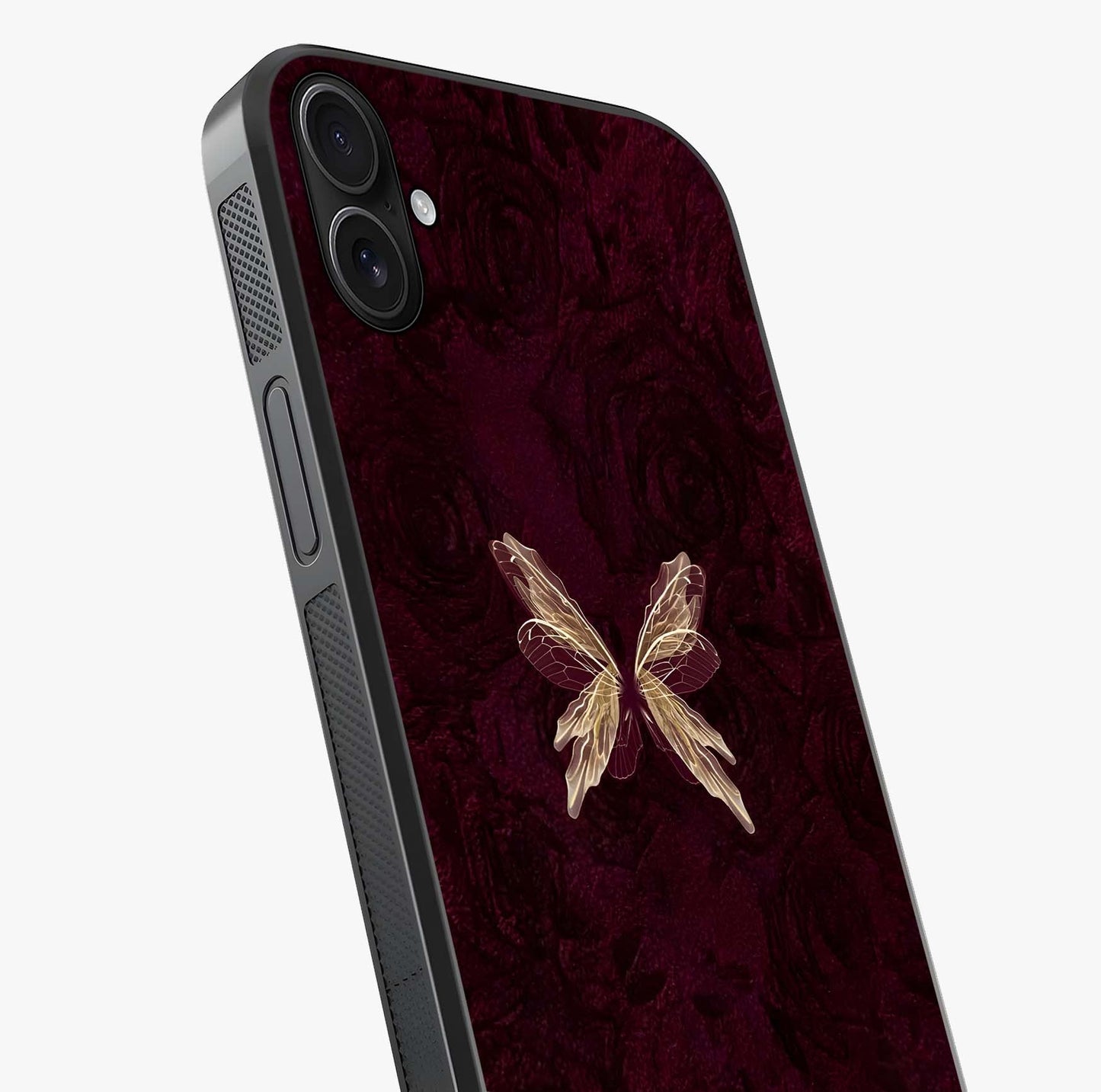 Crimson Fade Butterfly Glass Case captured at a warm angle highlighting gloss, texture and premium glass finish.