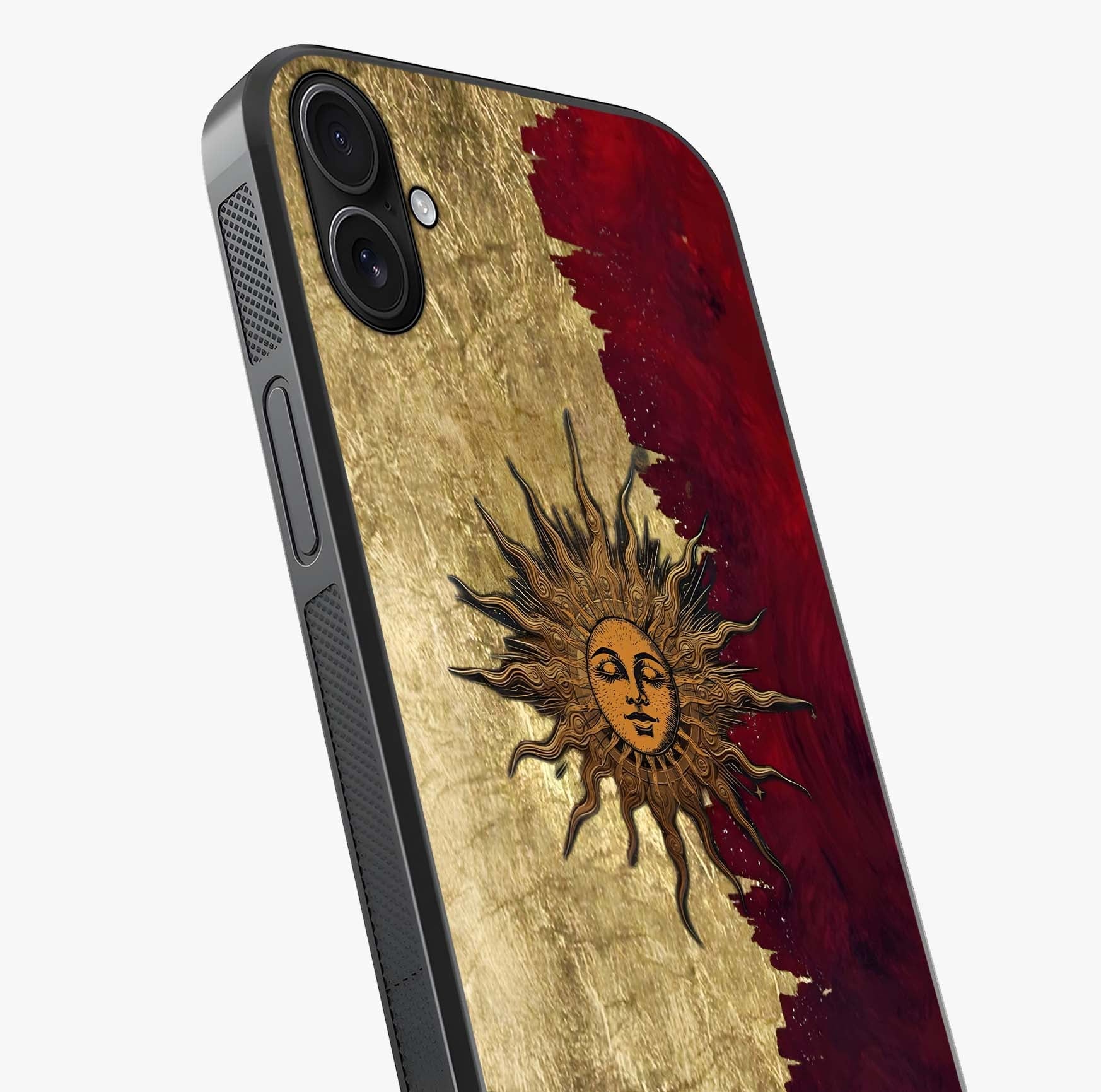 Crimson Sun Majesty Glass Case captured at a warm angle highlighting gloss, texture and premium glass finish.