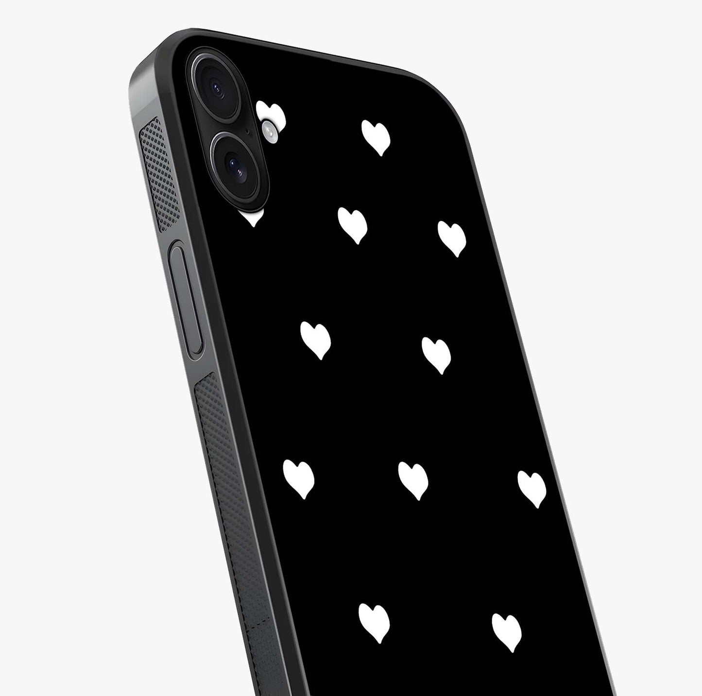Cute And Simple White Hearts Glass Case captured at a warm angle highlighting gloss, texture and premium glass finish.