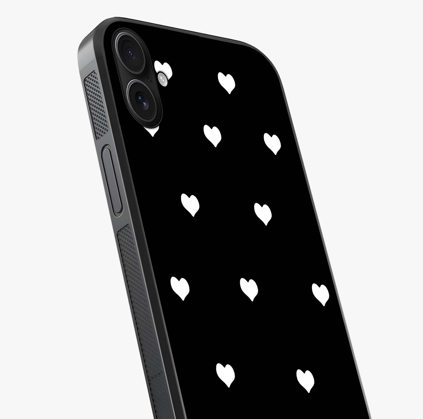 Cute And Simple White Hearts Glass Case captured at a warm angle highlighting gloss, texture and premium glass finish.