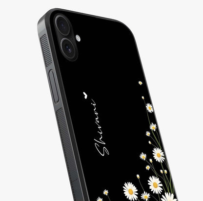 Daisy Cascade Custom Name Glass Case captured at a warm angle highlighting gloss, texture and premium glass finish.