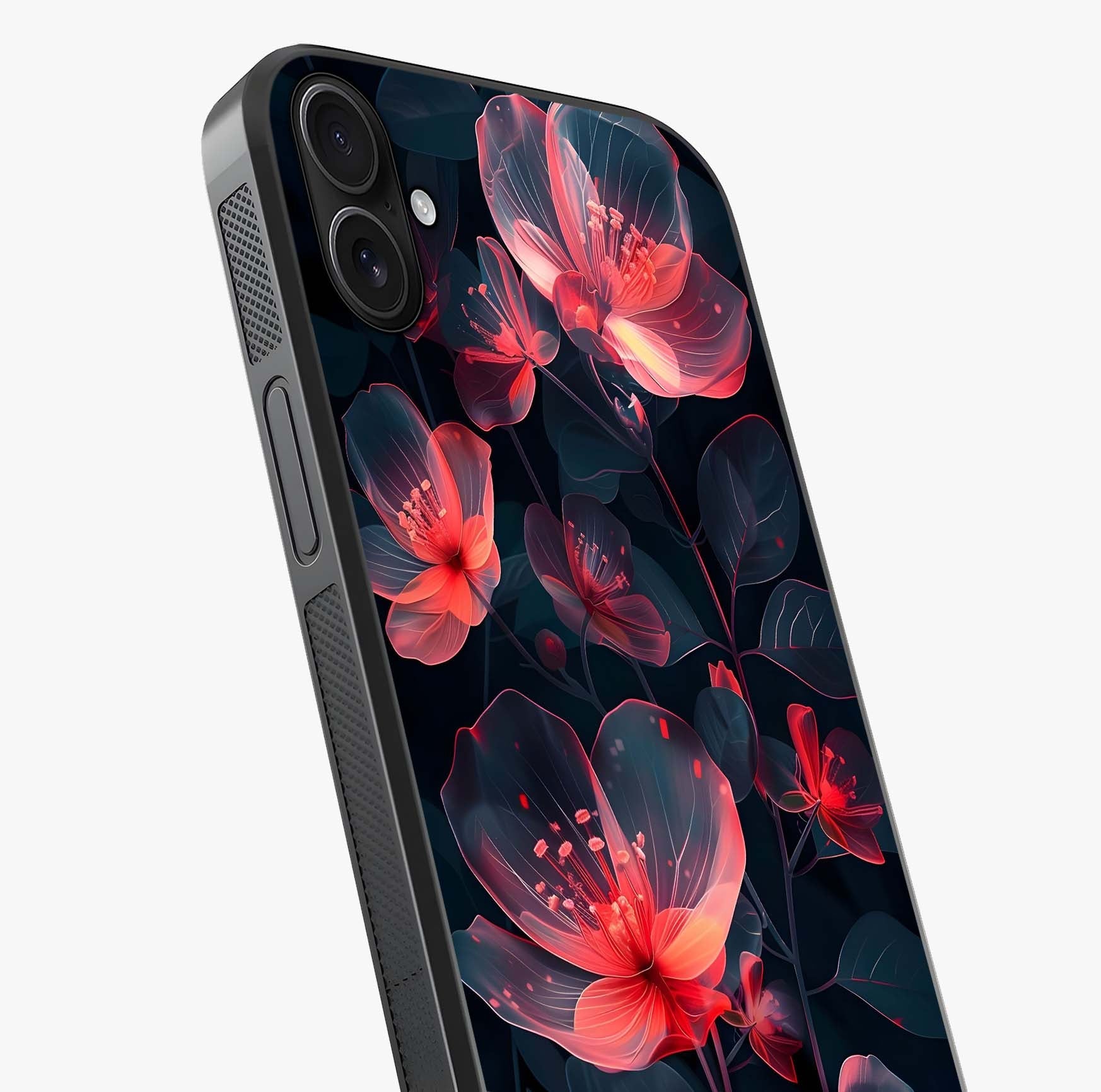 Dark Shade Of Flower Glass Case captured at a warm angle highlighting gloss, texture and premium glass finish.