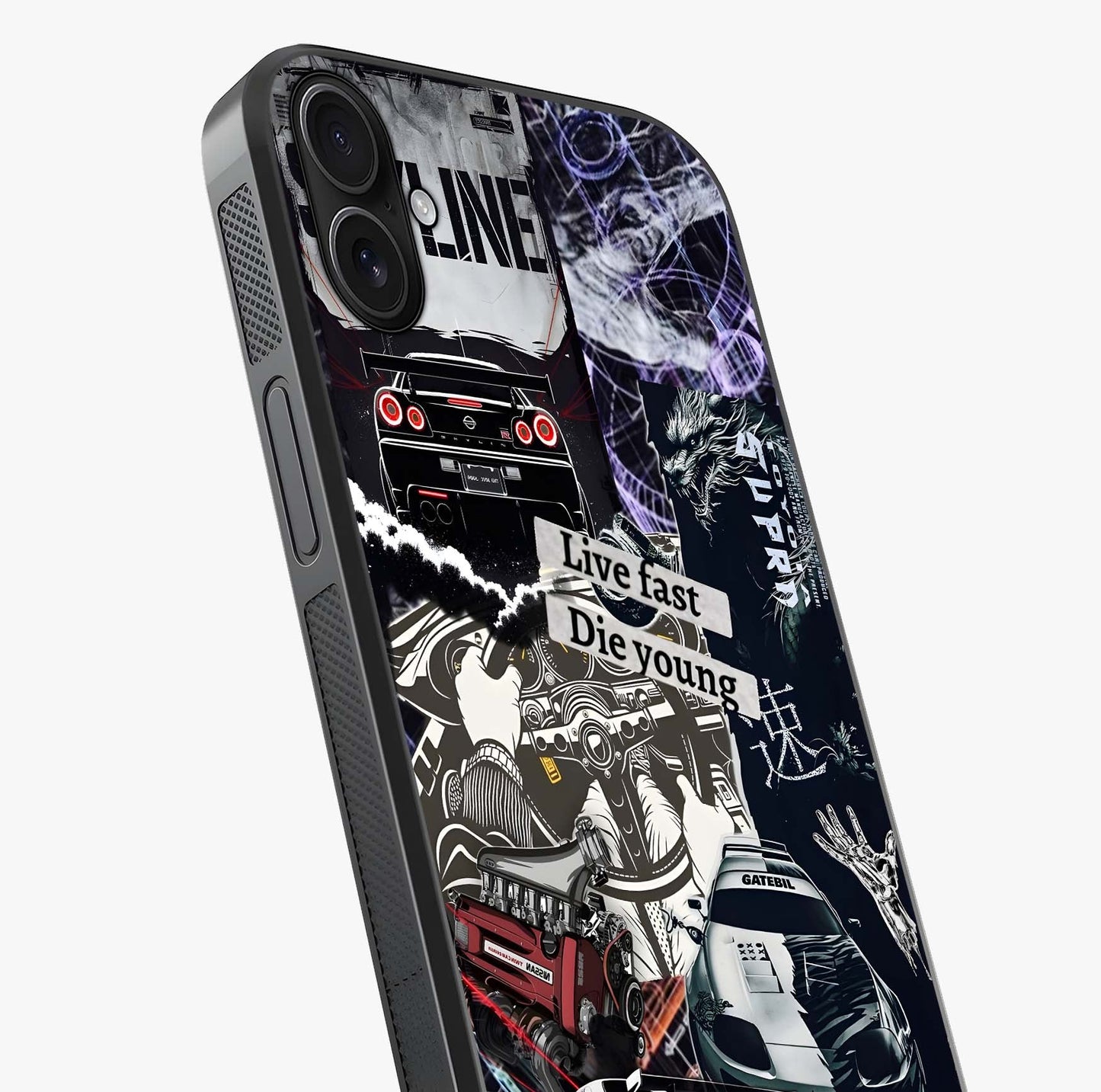 Die Young Glass Case captured at a warm angle highlighting gloss, texture and premium glass finish.
