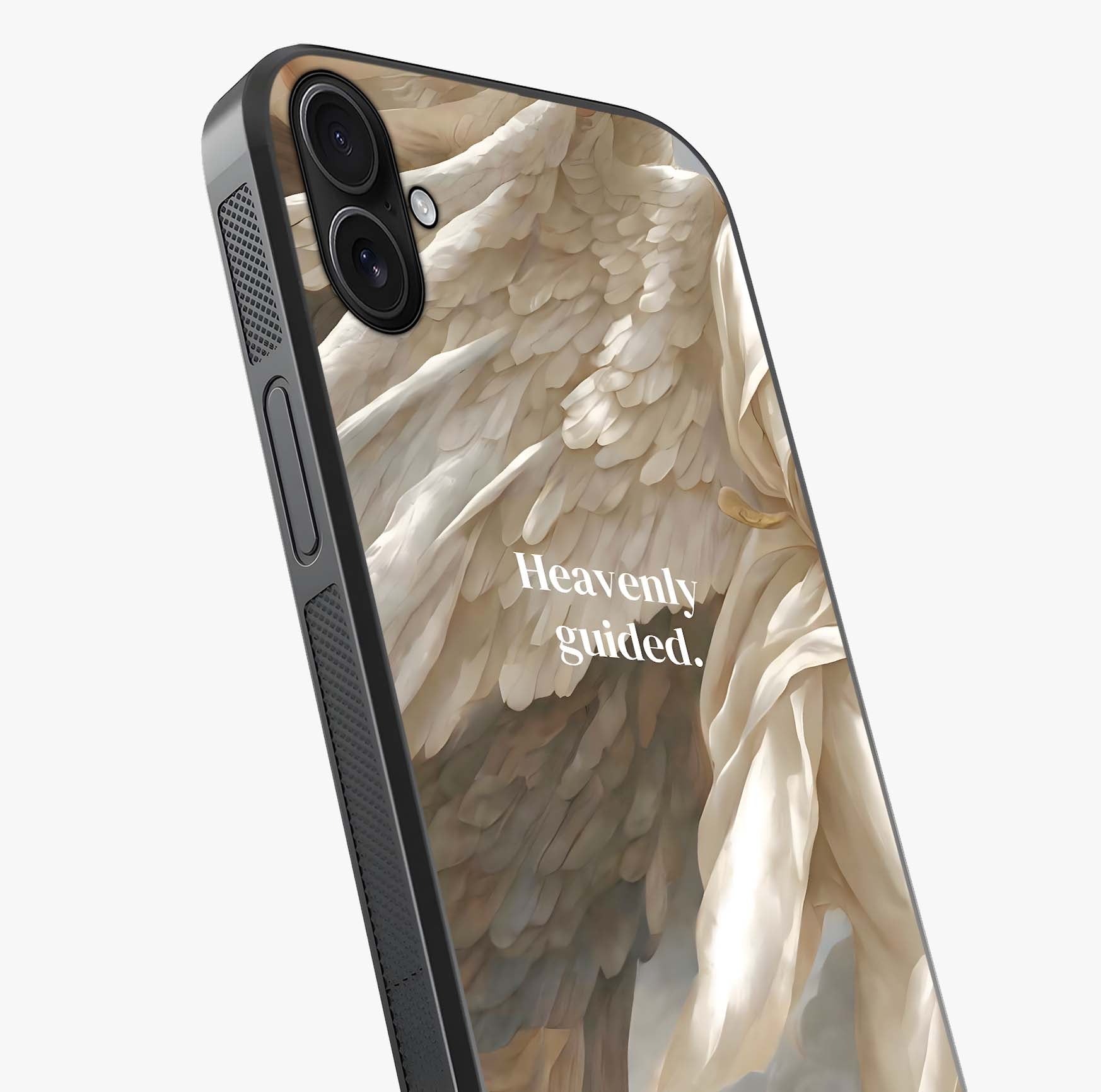 Divine Winged Grace Glass Case captured at a warm angle highlighting gloss, texture and premium glass finish.