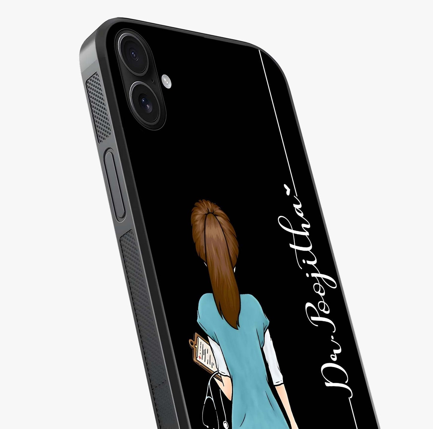 Doctor Pattern Custom Name Glass Case captured at a warm angle highlighting gloss, texture and premium glass finish.