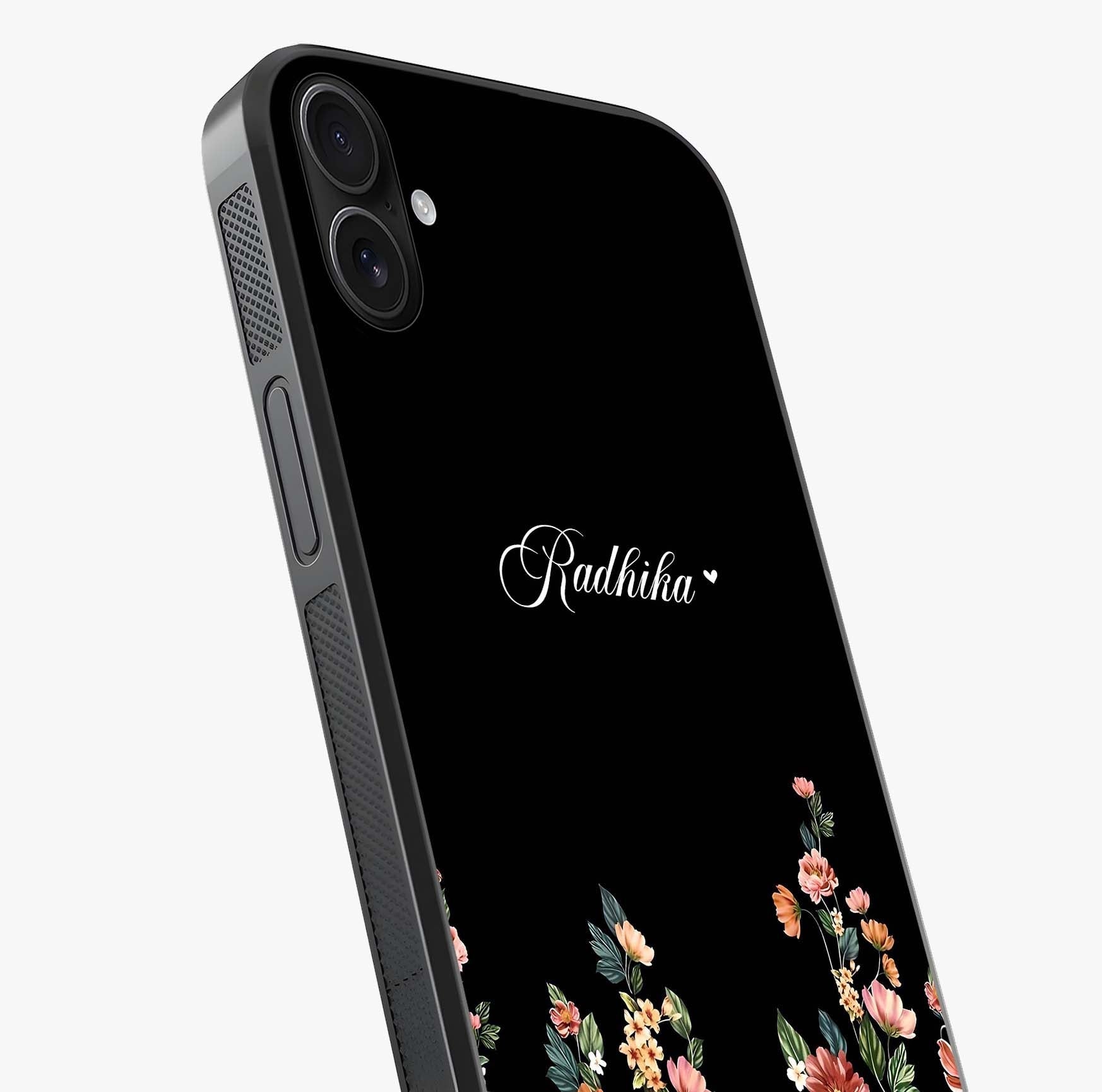 Floral Design With A Custom Personalized Name Glass Case captured at a warm angle highlighting gloss, texture and premium glass finish.