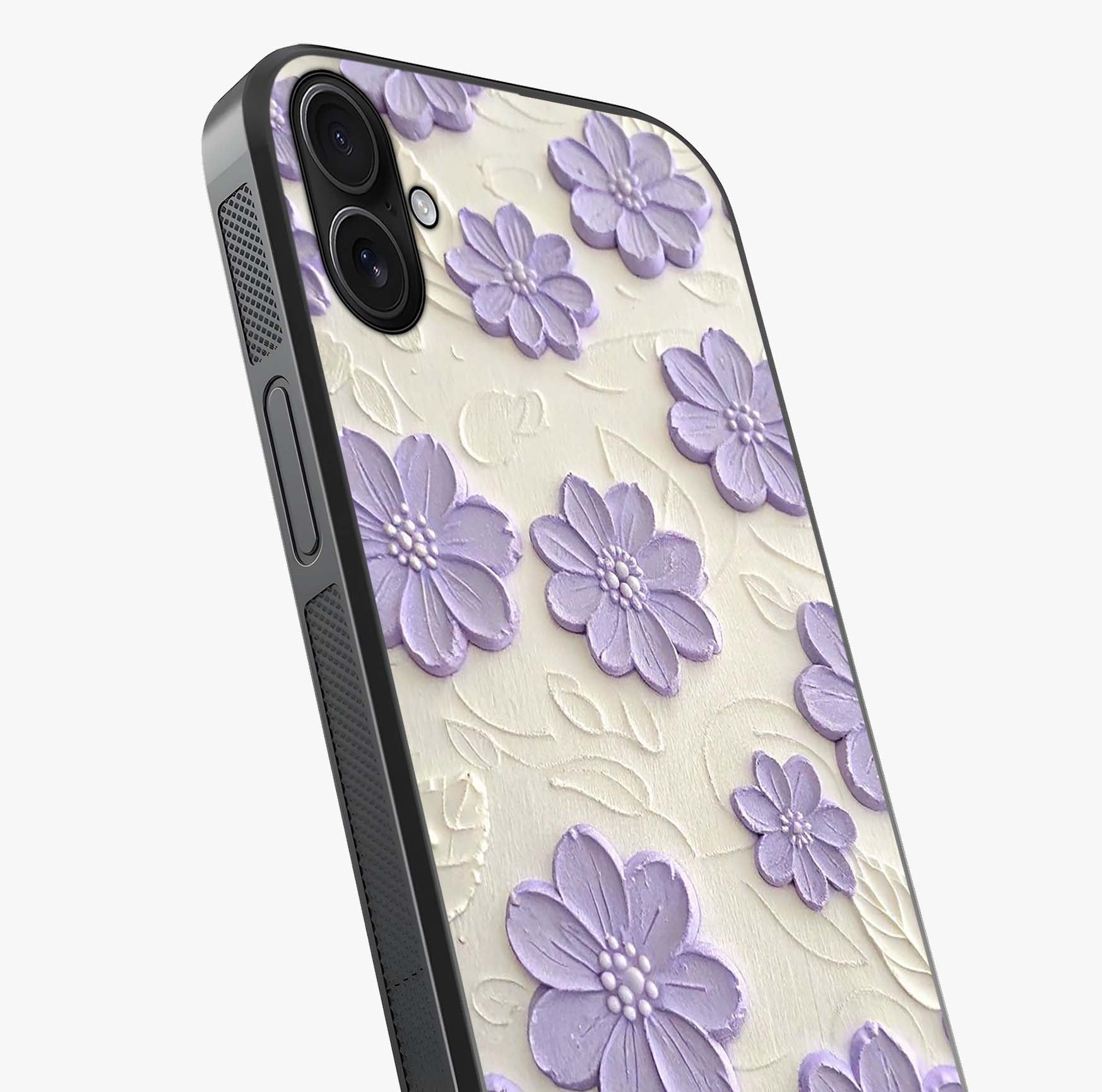 Floral Wall Art With Purple Flowers Glass Case captured at a warm angle highlighting gloss, texture and premium glass finish.
