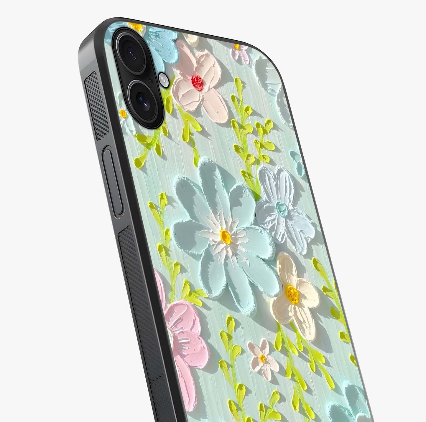 Frosted Petal Garden Glass Case captured at a warm angle highlighting gloss, texture and premium glass finish.