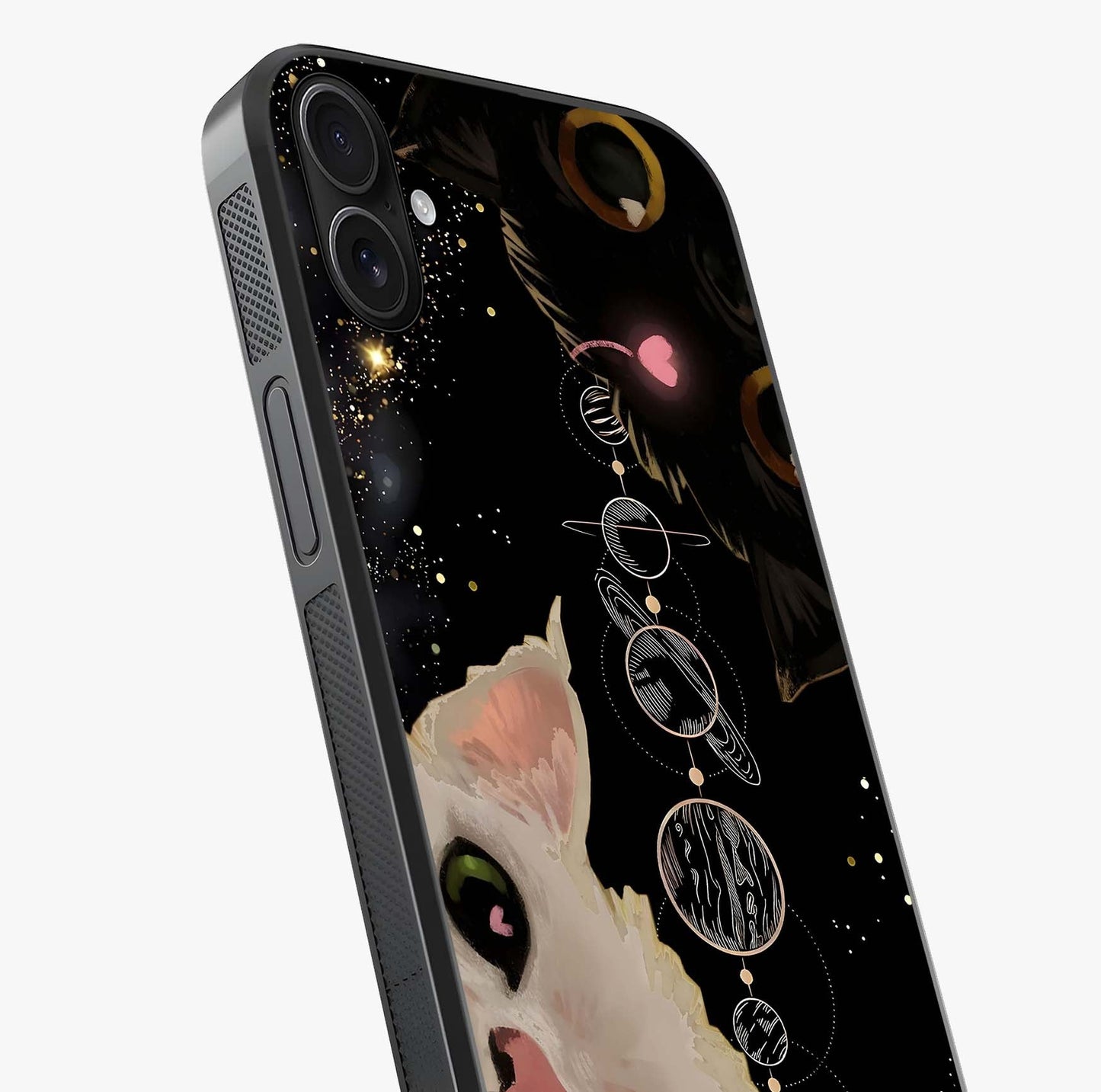 Galactic Cat Glass Case captured at a warm angle highlighting gloss, texture and premium glass finish.