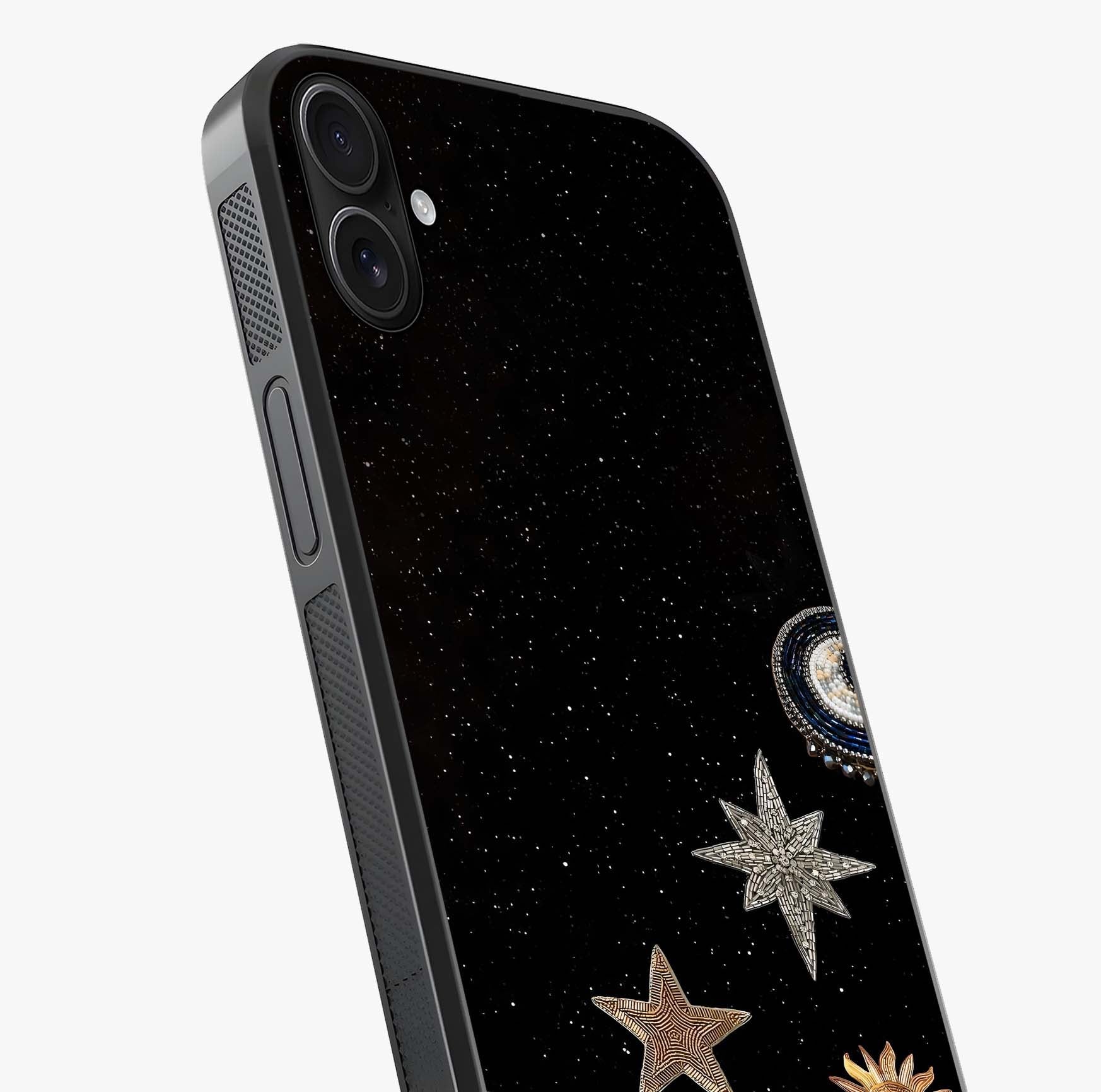 Galactic Charm Glow Glass Case captured at a warm angle highlighting gloss, texture and premium glass finish.