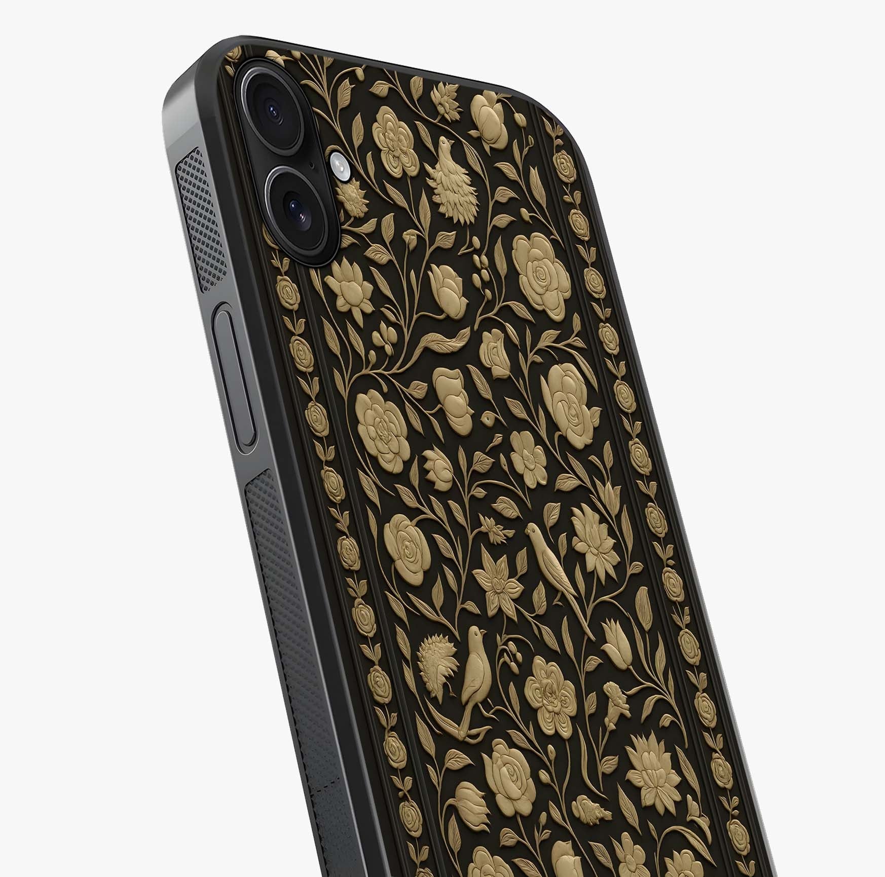 Golden Evil Eye Mandala Glass Case captured at a warm angle highlighting gloss, texture and premium glass finish.