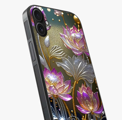 Golden Floral Majesty Glass Case captured at a warm angle highlighting gloss, texture and premium glass finish.