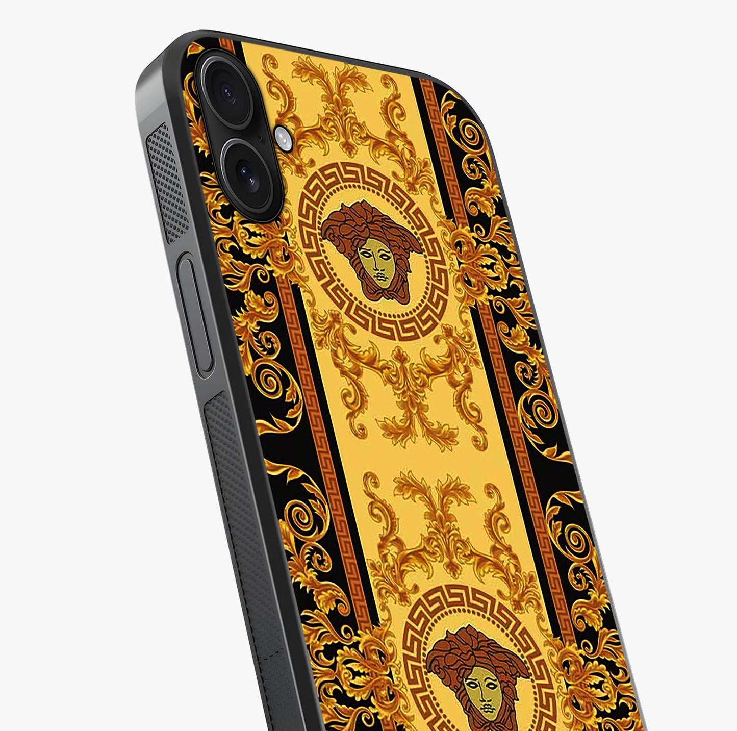 Golden Lotus Glow Glass Case captured at a warm angle highlighting gloss, texture and premium glass finish.