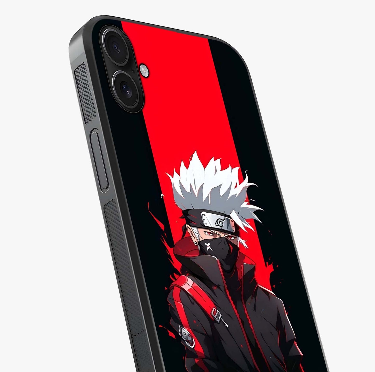 Kakashi Scarlet Shadow Glass Case captured at a warm angle highlighting gloss, texture and premium glass finish.