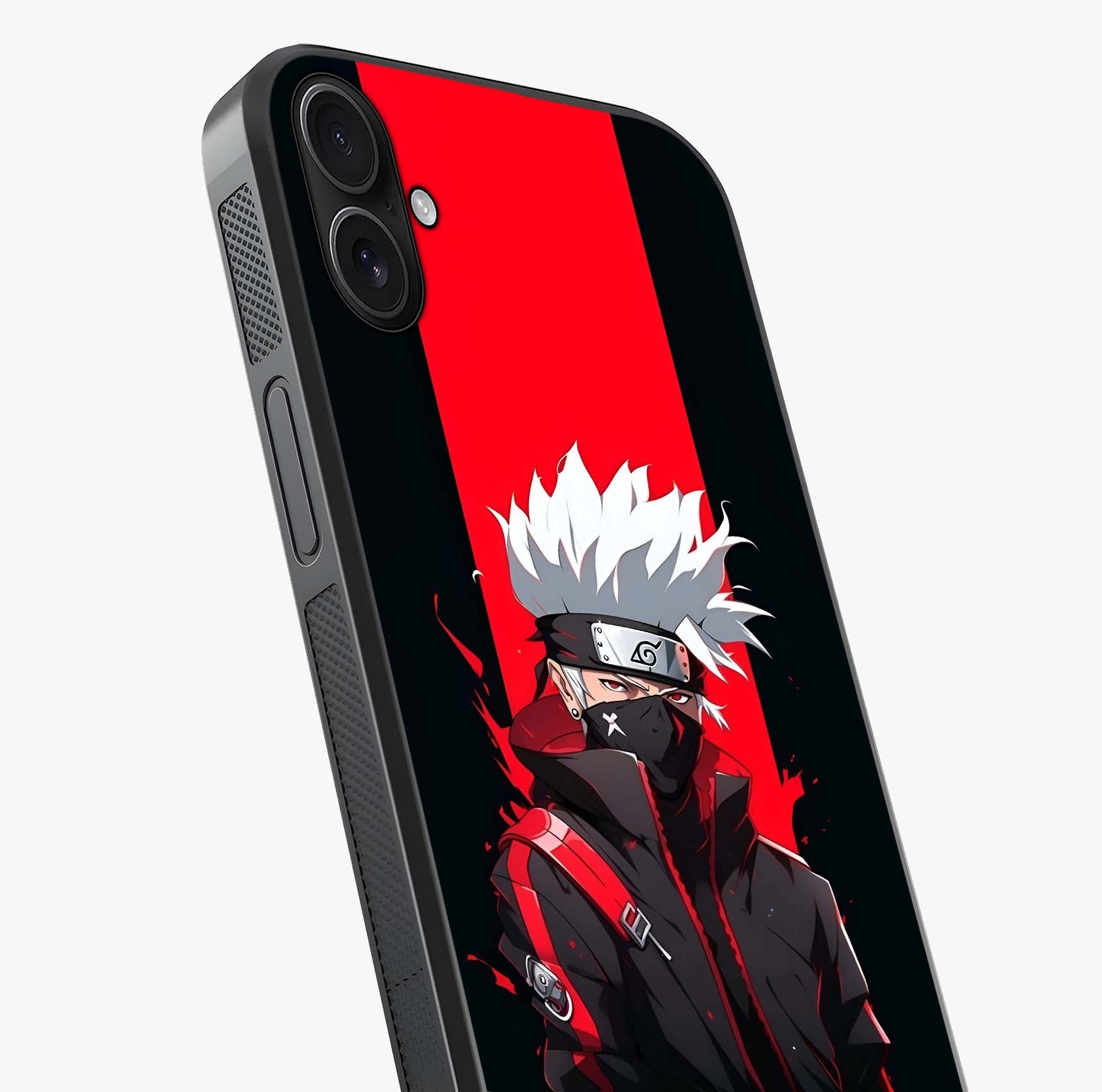 Kakashi Scarlet Shadow Glass Case captured at a warm angle highlighting gloss, texture and premium glass finish.