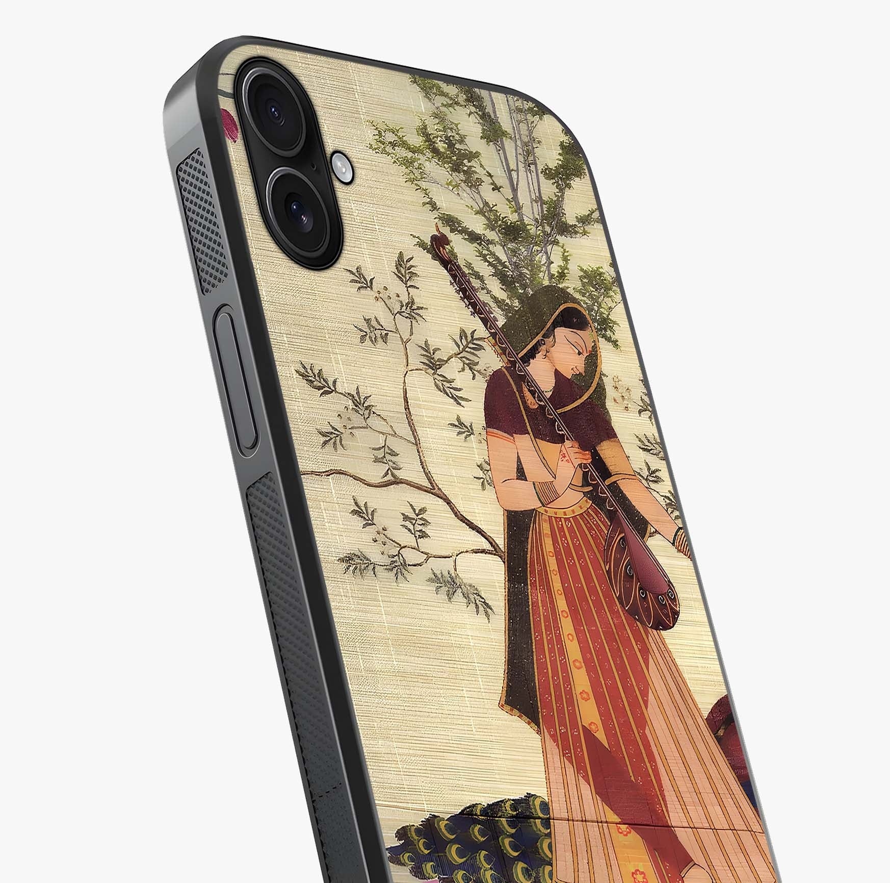 Lady With Veena Art Glass Case captured at a warm angle highlighting gloss, texture and premium glass finish.