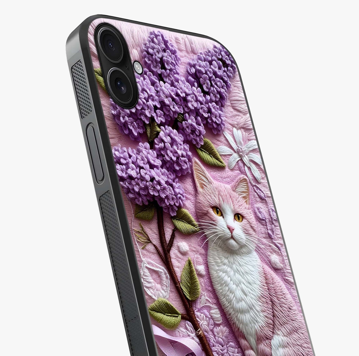 Lavender Cat Whimsy Glass Case captured at a warm angle highlighting gloss, texture and premium glass finish.
