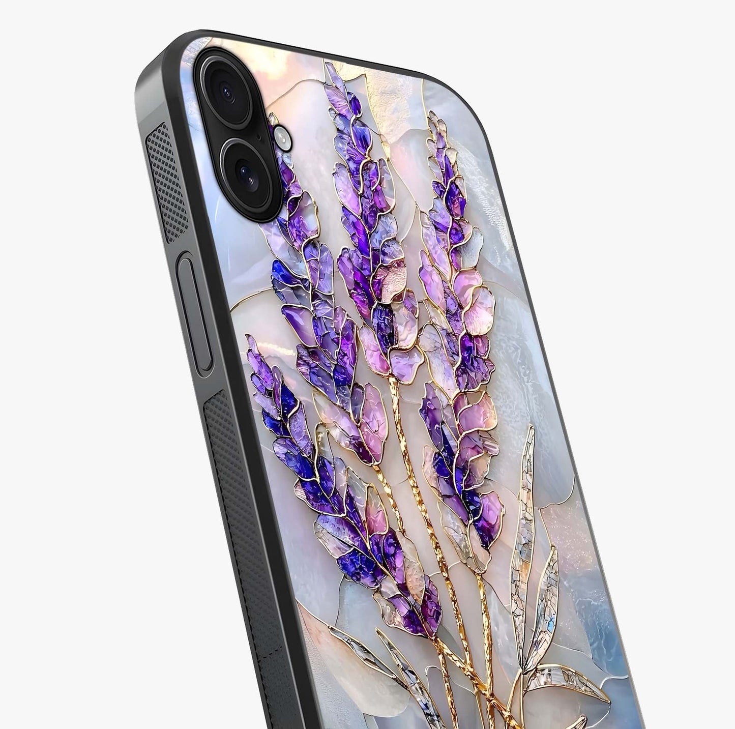 Lavender Dream Glow Glass Case captured at a warm angle highlighting gloss, texture and premium glass finish.